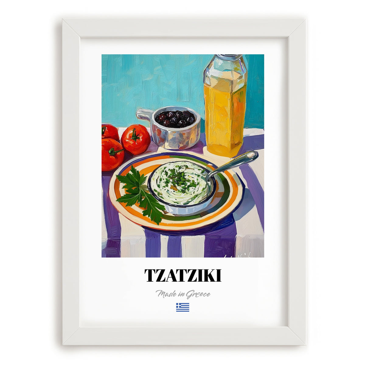 Tzatziki – Colorful Oil Painting, Greek Food Still Life, placed in minimal white frame