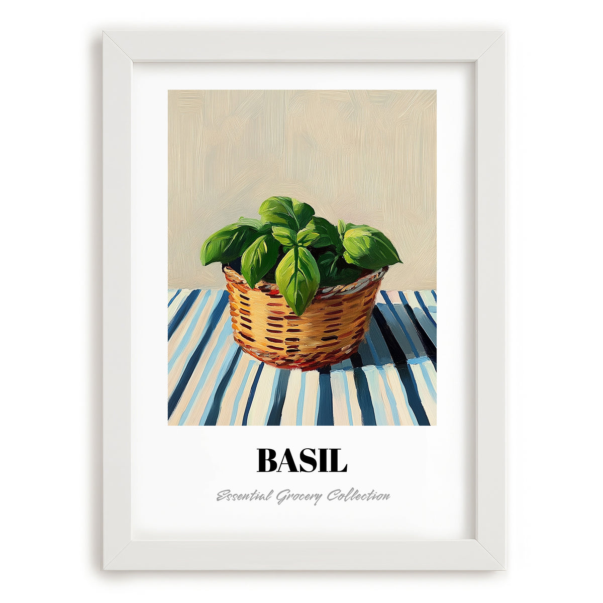 Basil – on Striped Tablecloth, Fresh Herbs Poster, placed in minimal white frame