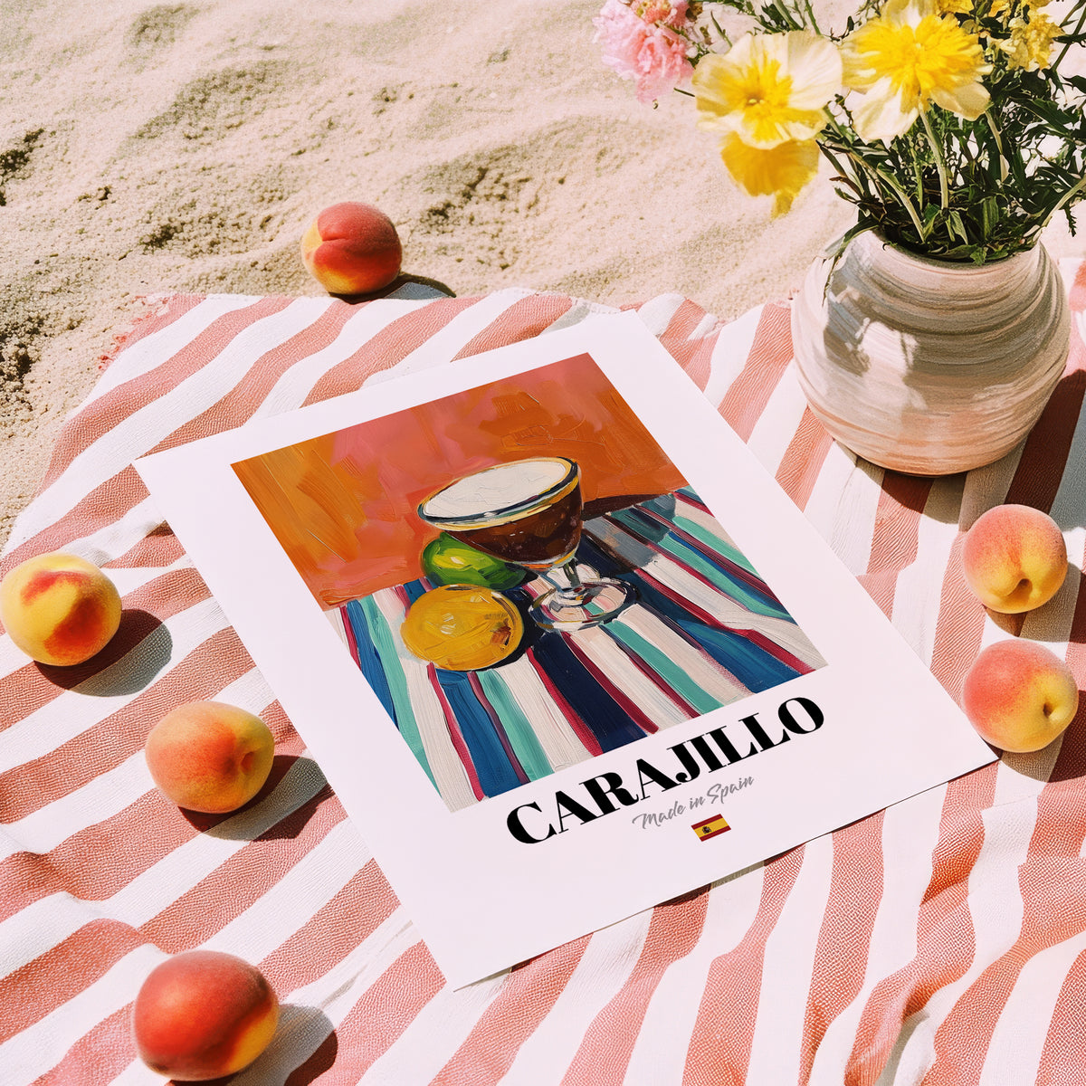Carajillo – Spanish Coffee, Street Café Print, unframed on coastal sand