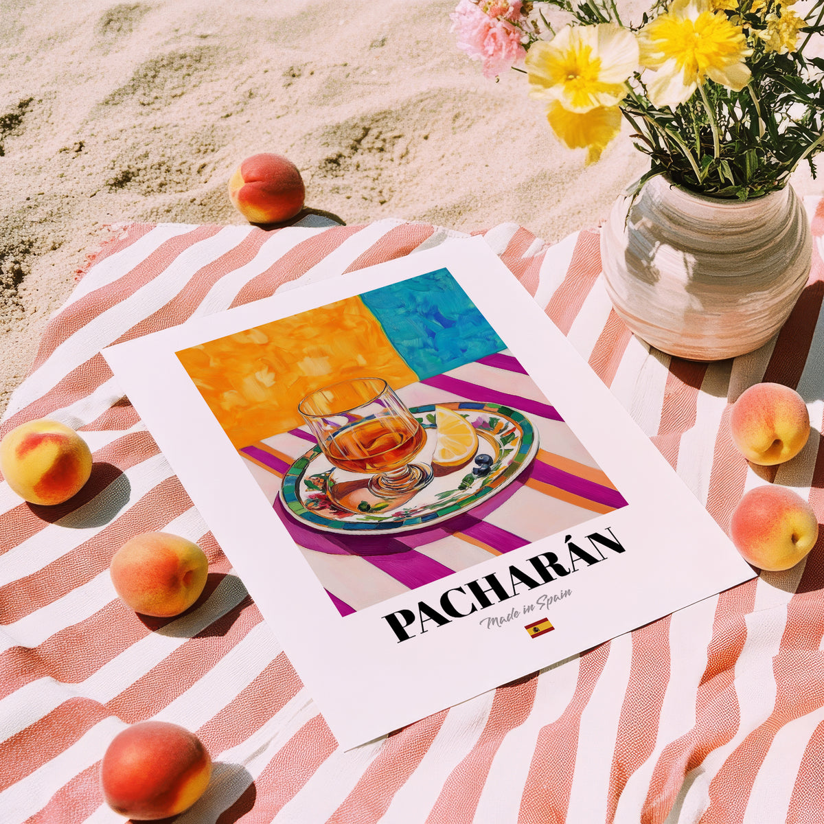 Pacharán – Spanish Liqueur Drink, Sky Bar Illustration, unframed on coastal sand