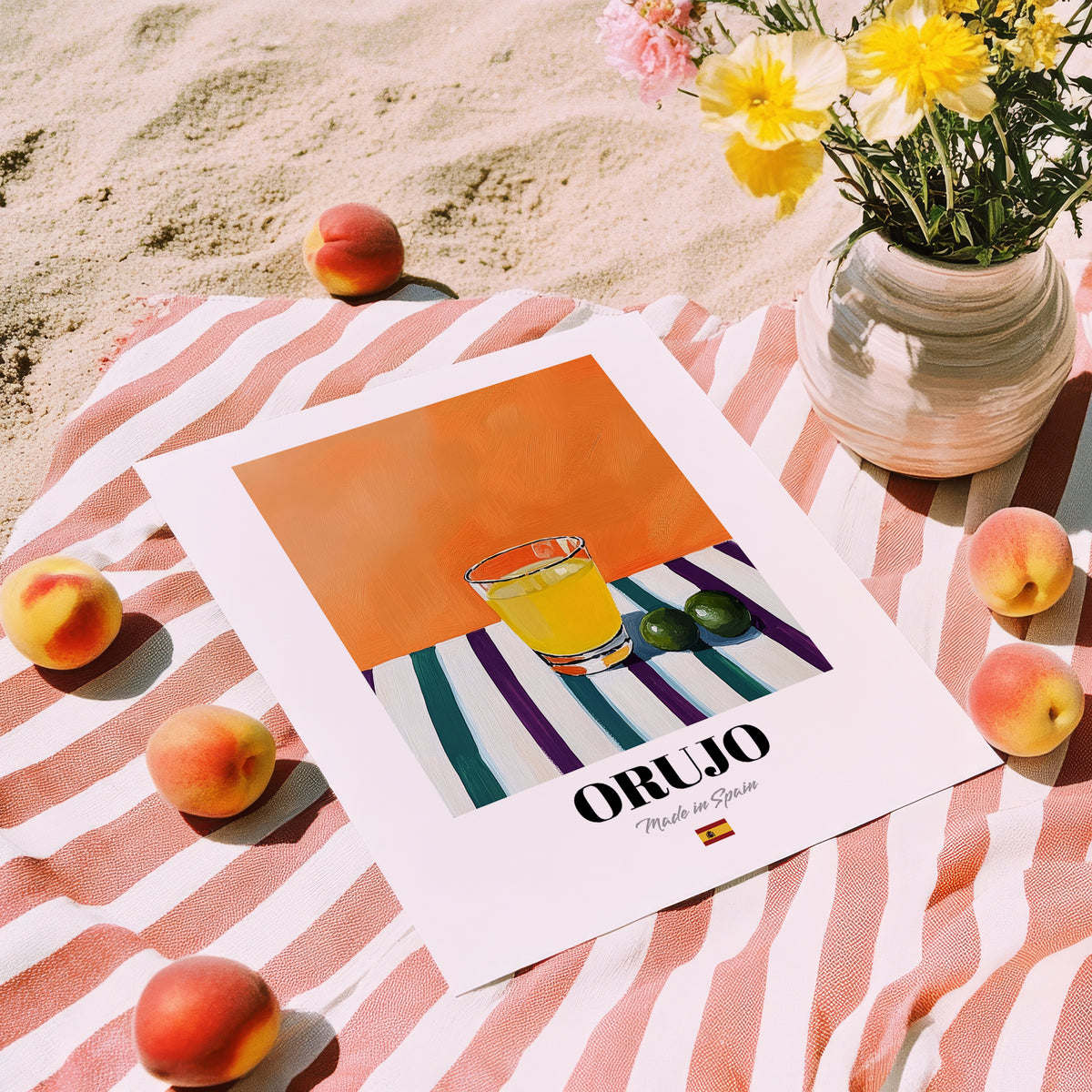 Orujo – Spanish Spirit Drink, Hotel Lobby Print, unframed on coastal sand
