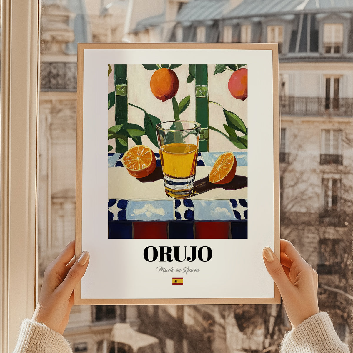 Orujo – Spanish Spirit Drink, Hotel Lobby Wall Art, styled in a charming Paris street view