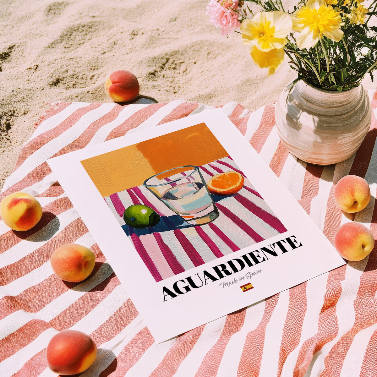 Aguardiente – Spanish Spirit Drink, Beach Bar Wall Art, unframed on coastal sand