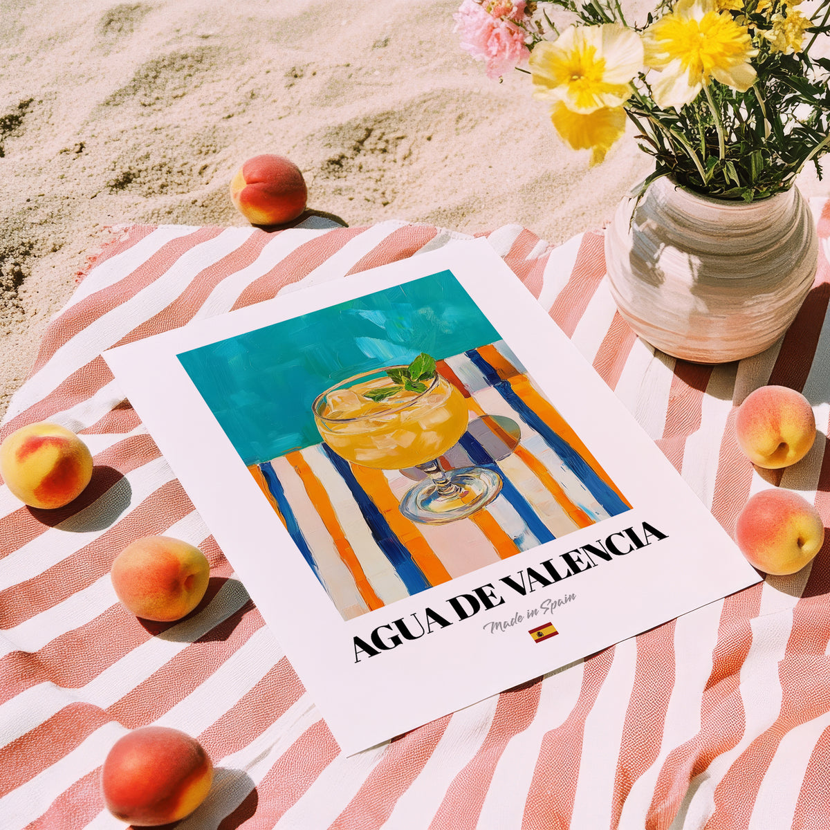 Agua de Valencia – Spanish Cocktail Drink, Cocktail Lounge Poster, unframed on coastal sand