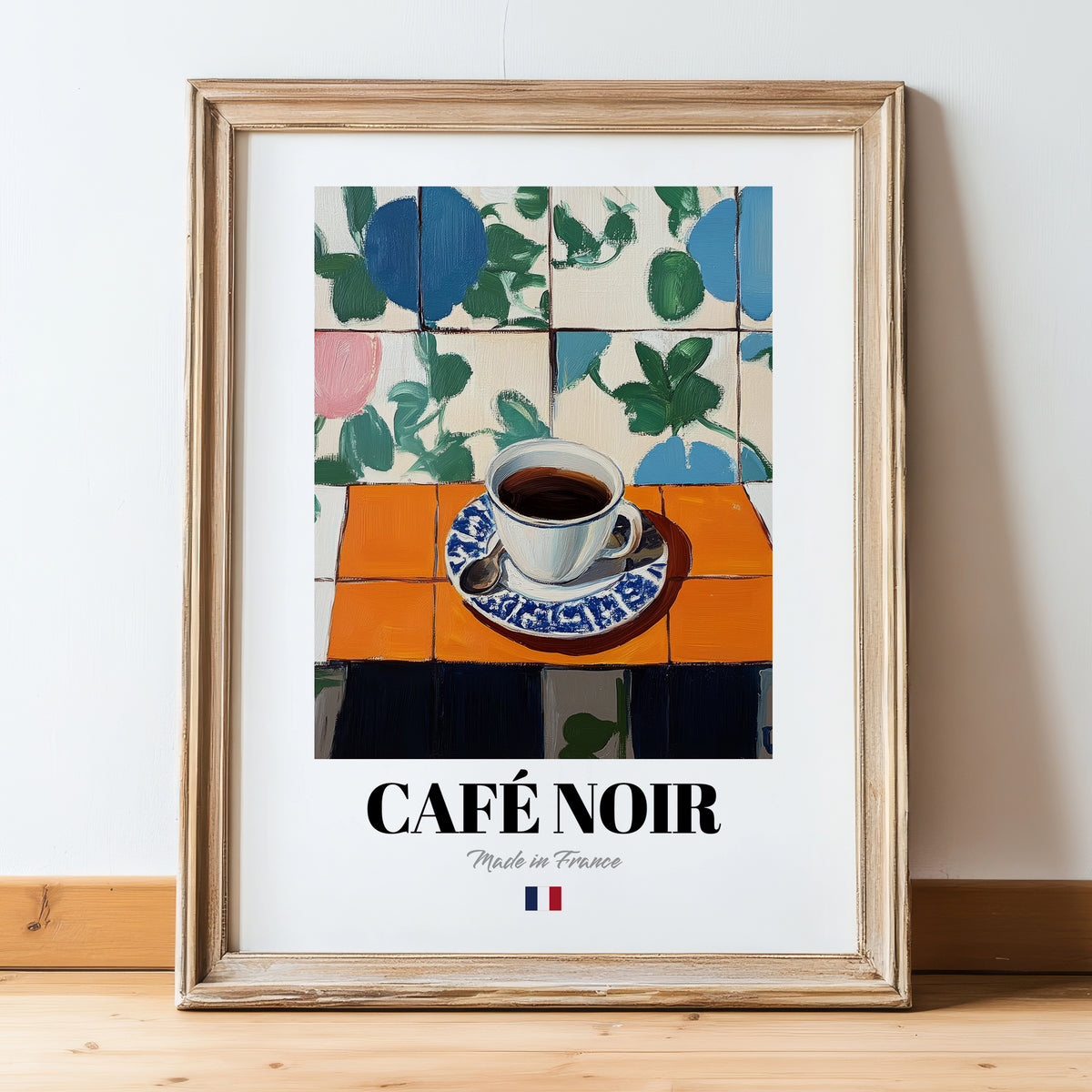 Café Noir – French Coffee, Espresso Bar Art, in wooden frame leaning on the floor