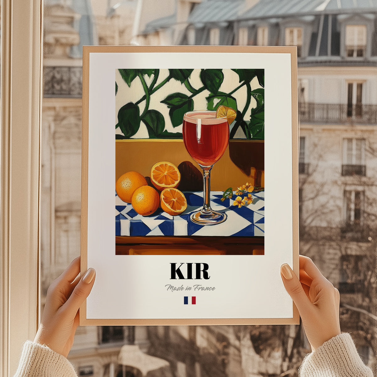 Kir – French Cocktail Drink, Hotel Lobby Poster, styled in a charming Paris street view