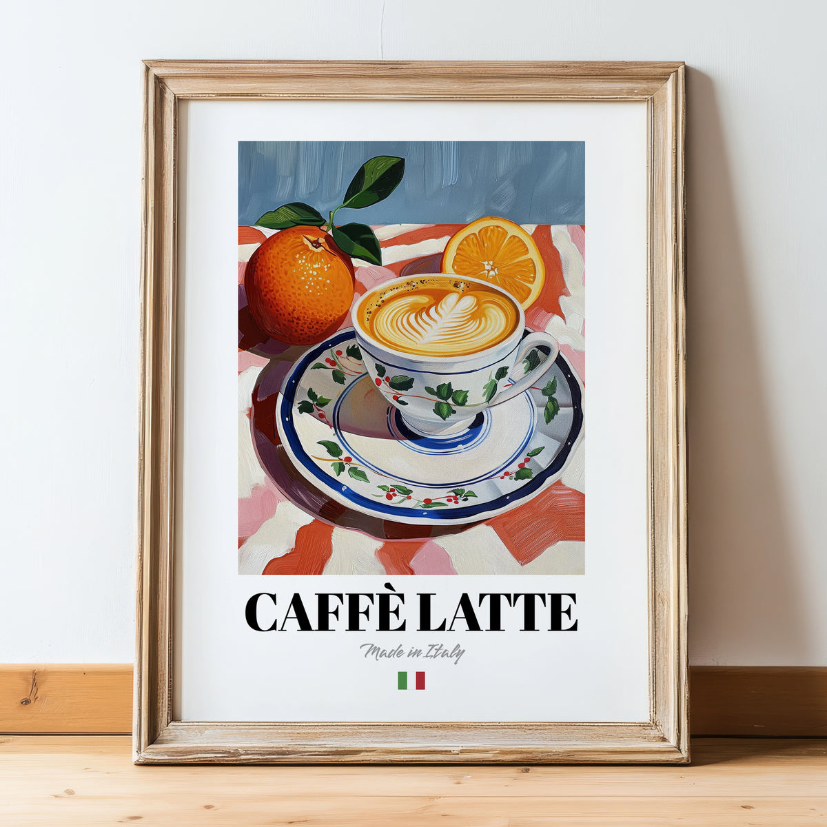 Caffè Latte – Italian Coffee, Espresso Bar Print, in wooden frame leaning on the floor