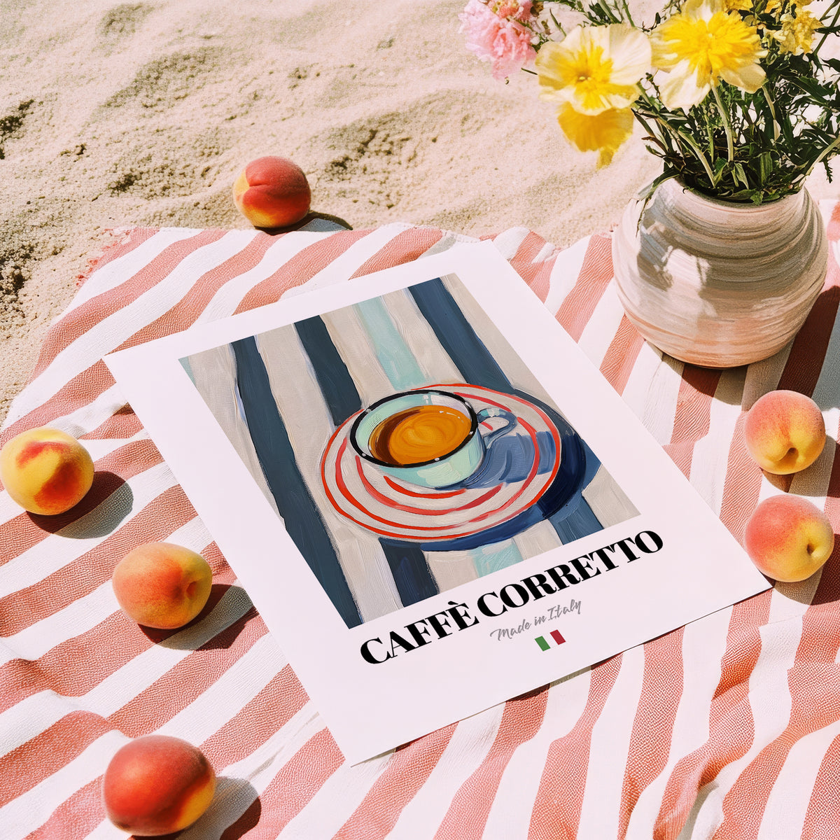 Caffè Corretto – Italian Coffee, Street Café Print, unframed on coastal sand