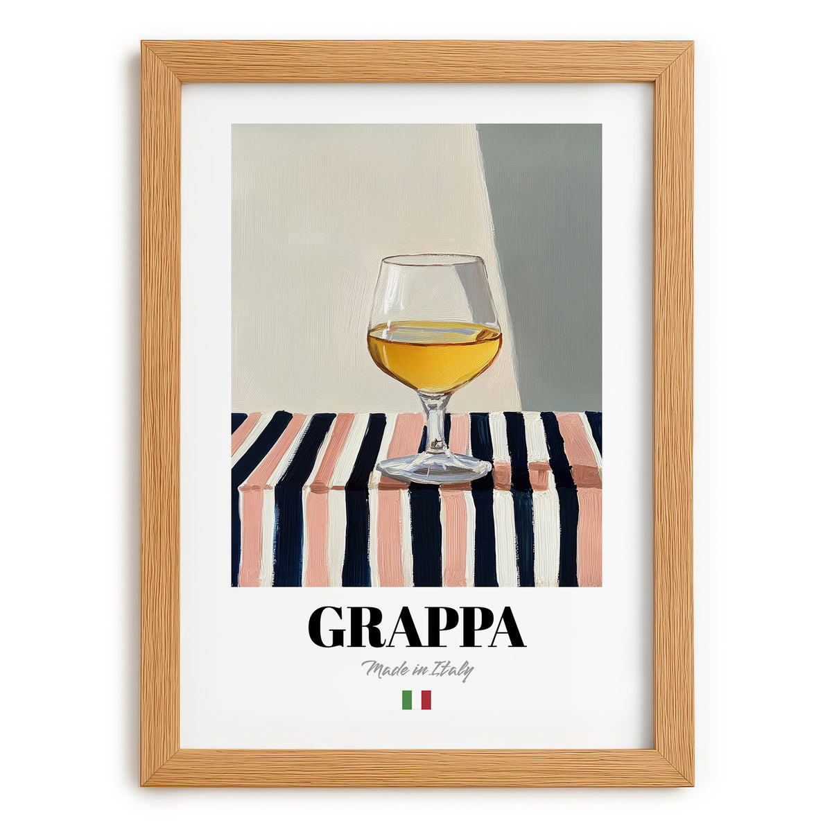 Grappa – Italian Spirit Drink, Rooftop Terrace Illustration, set in oak frame