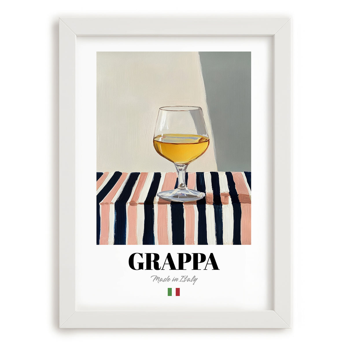 Grappa – Italian Spirit Drink, Rooftop Terrace Illustration, placed in minimal white frame