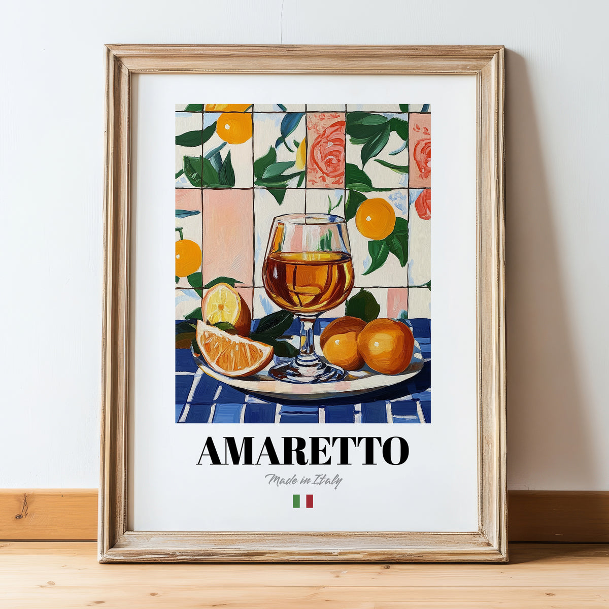 Amaretto – Italian Liqueur Drink, Hotel Lobby Poster, in wooden frame leaning on the floor
