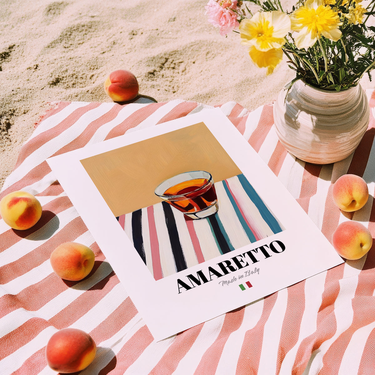 Amaretto – Italian Liqueur Drink, Cocktail Lounge Wall Art, unframed on coastal sand
