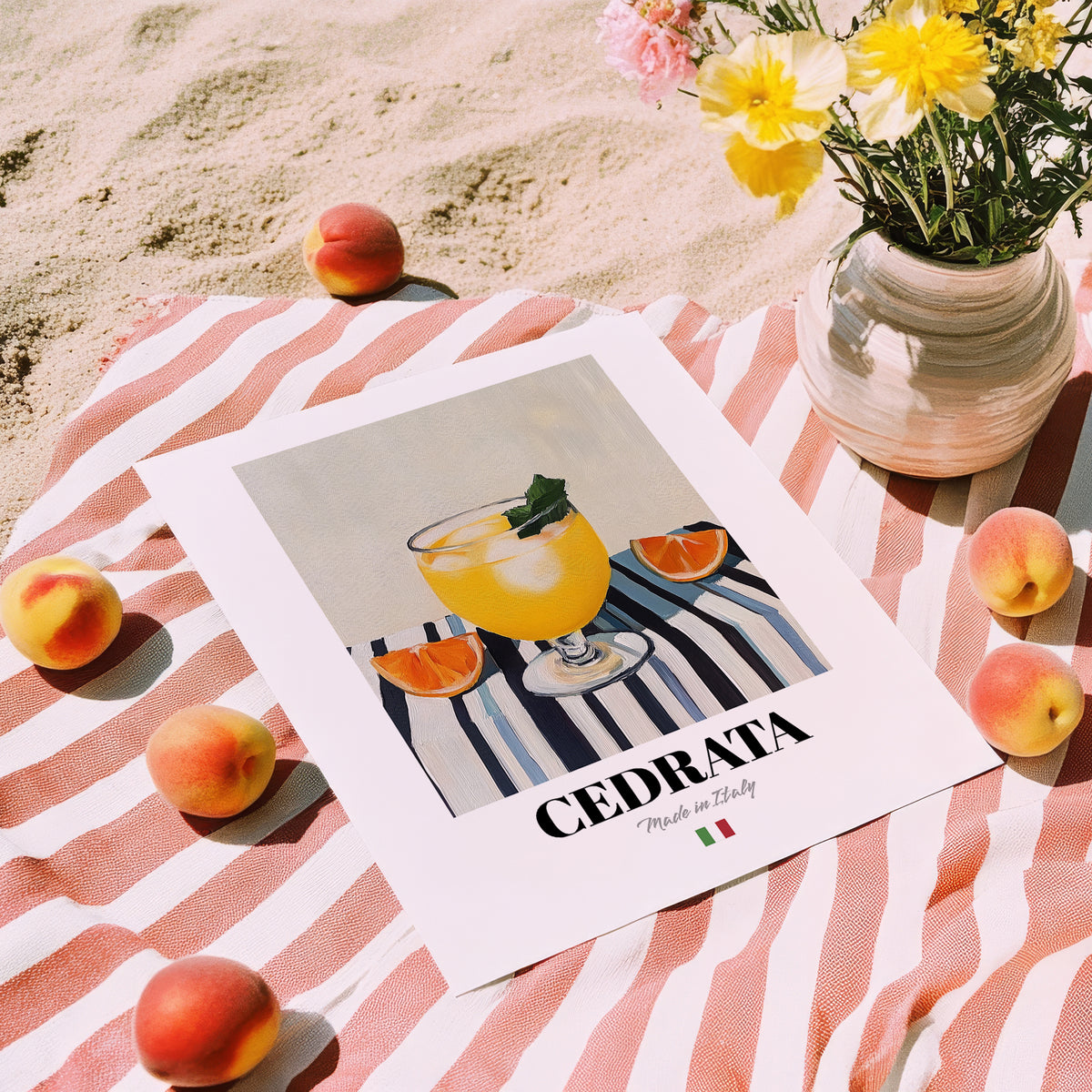 Cedrata – Italian Beverage Drink, Jazz Bar Print, unframed on coastal sand