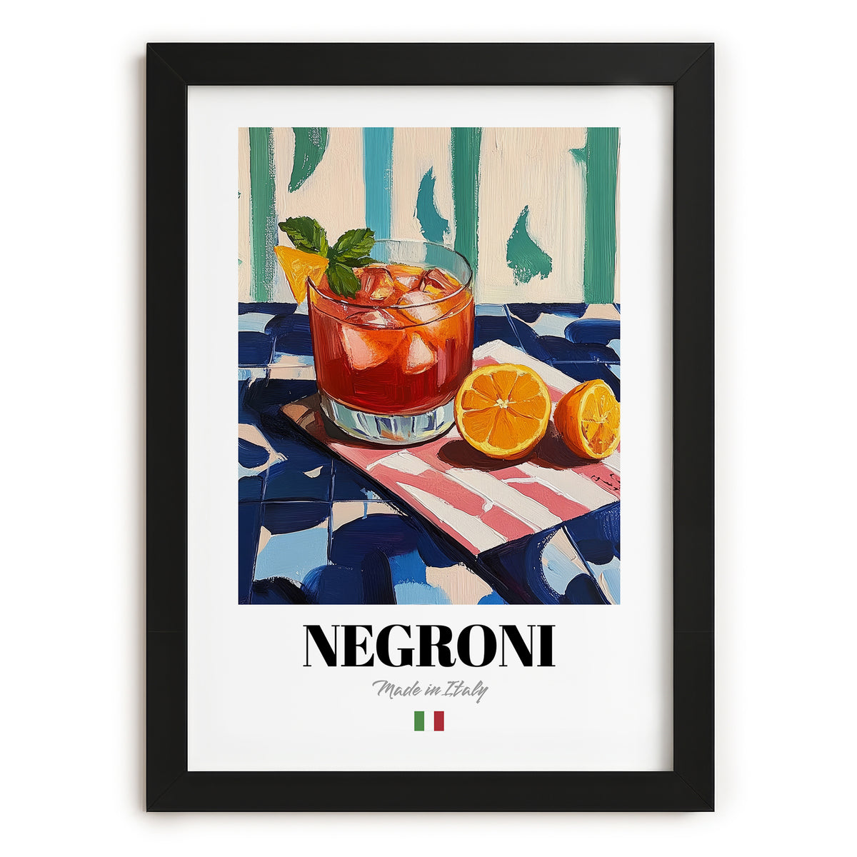 Negroni – Italian Cocktail Drink, Beach Bar Illustration, in sleek black frame