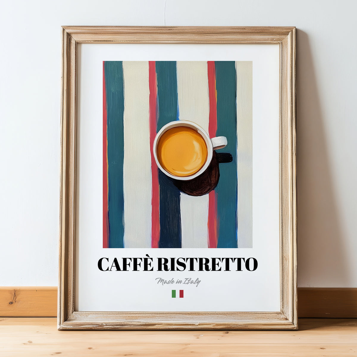 Caffè Ristretto – Italian Coffee, Street Café Poster, in wooden frame leaning on the floor