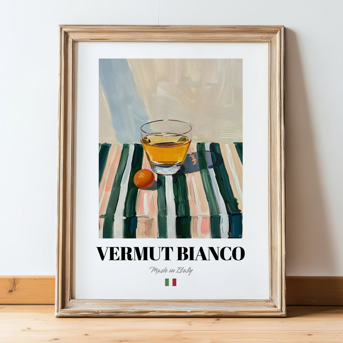 Vermut Bianco – Italian Cocktail Drink, Sky Bar Print, in wooden frame leaning on the floor