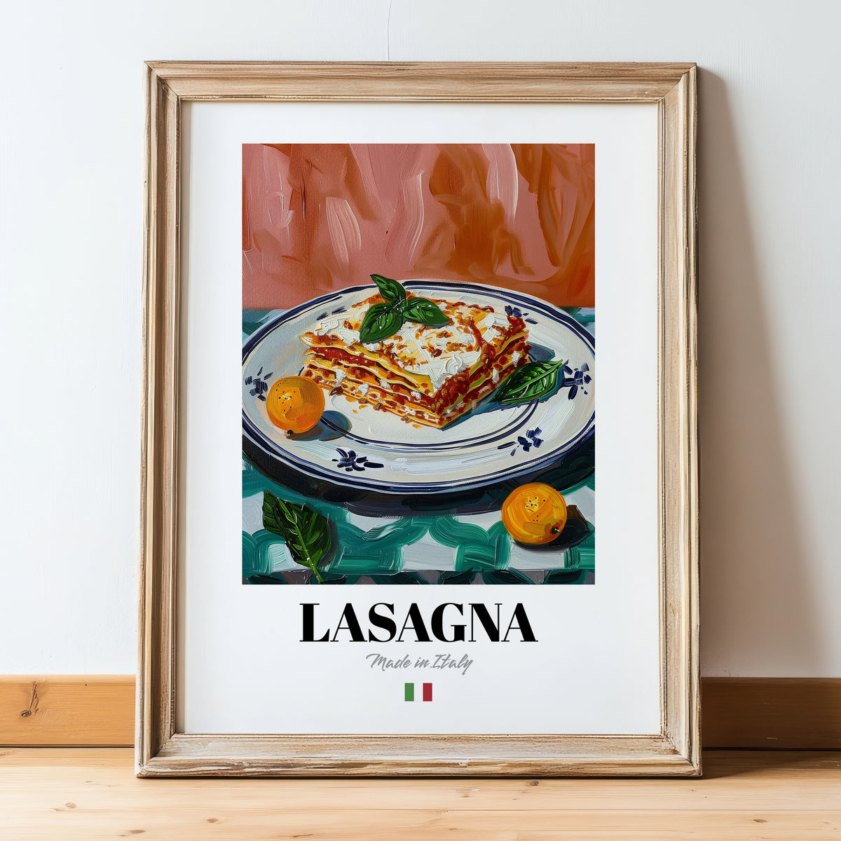 Lasagna – Italian Pasta, Trattoria Still Life, in wooden frame leaning on the floor