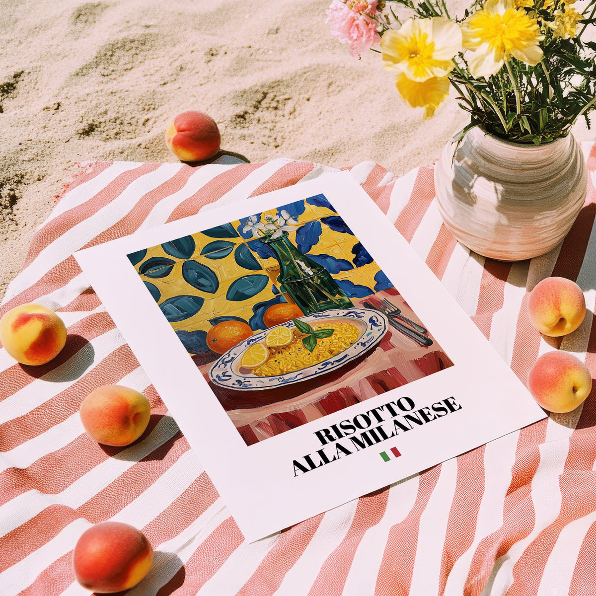 Risotto alla Milanese – Italian Rice Dish, Farmhouse Kitchen Illustration, unframed on coastal sand
