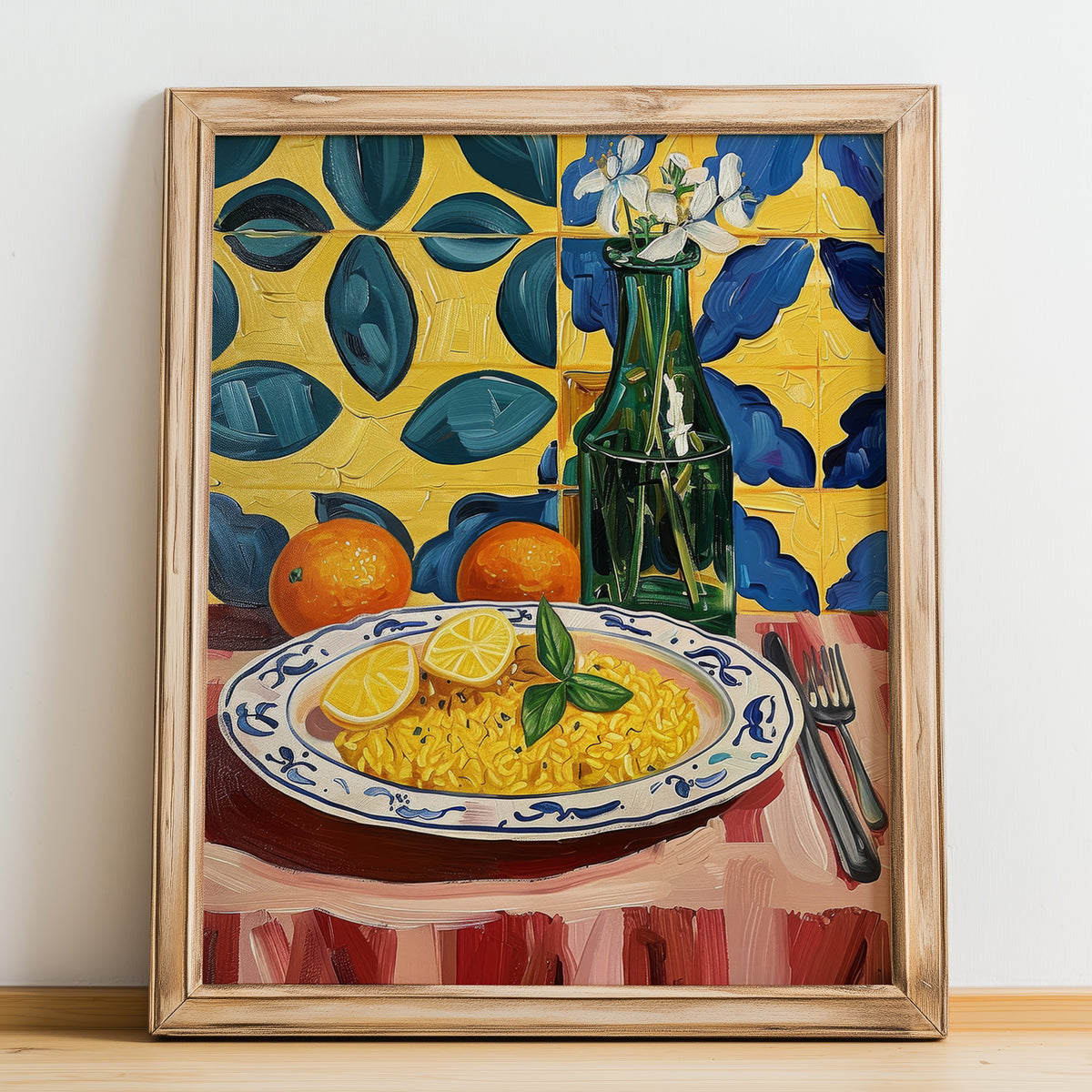 Risotto alla Milanese – Italian Rice Dish, Farmhouse Kitchen Illustration, no-text version framed in wood