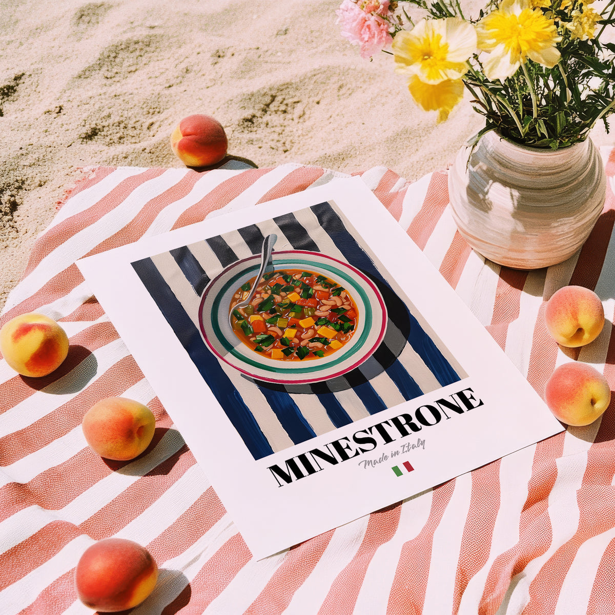 Minestrone – Italian Soup Dish, Brasserie Illustration, unframed on coastal sand