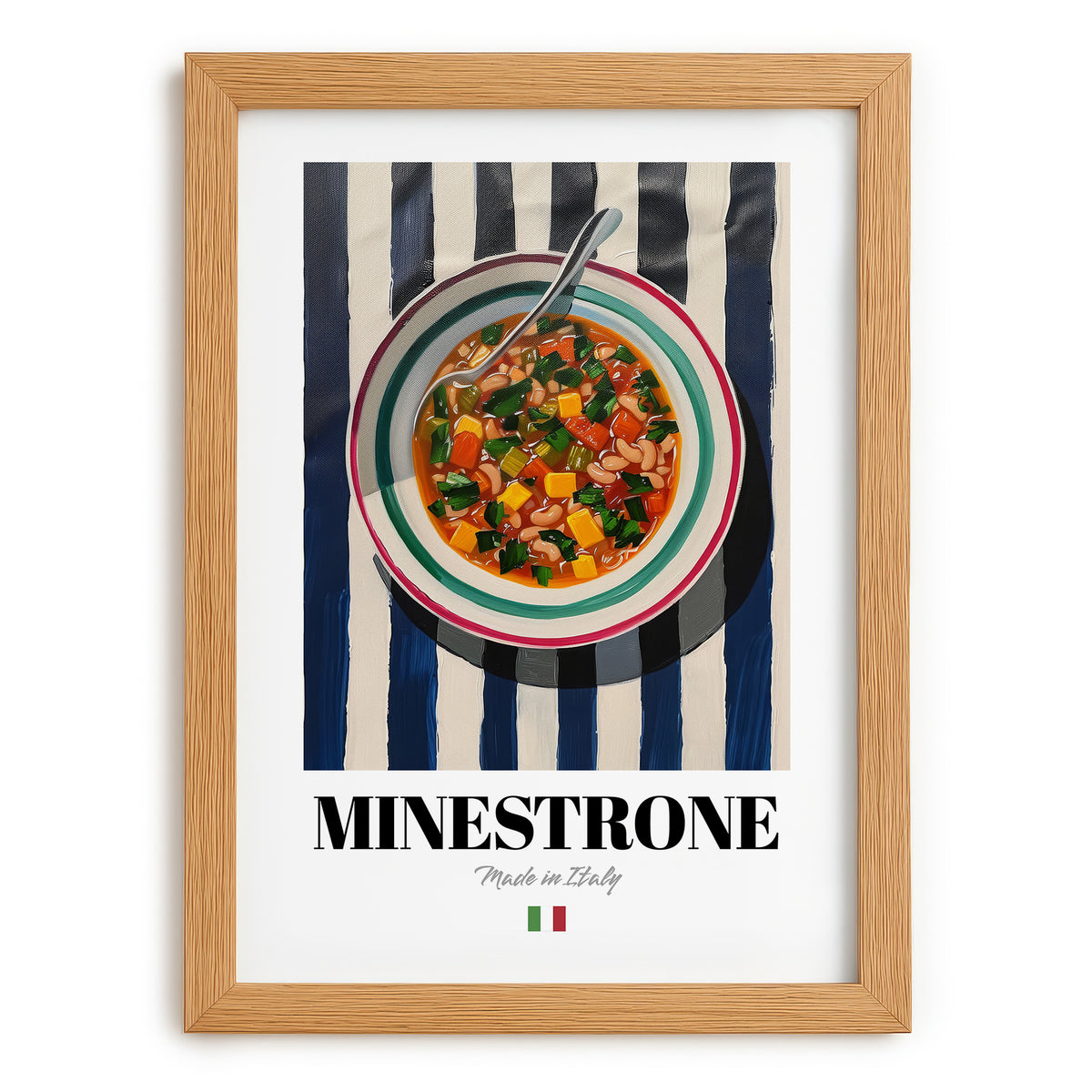 Minestrone – Italian Soup Dish, Brasserie Illustration, set in oak frame