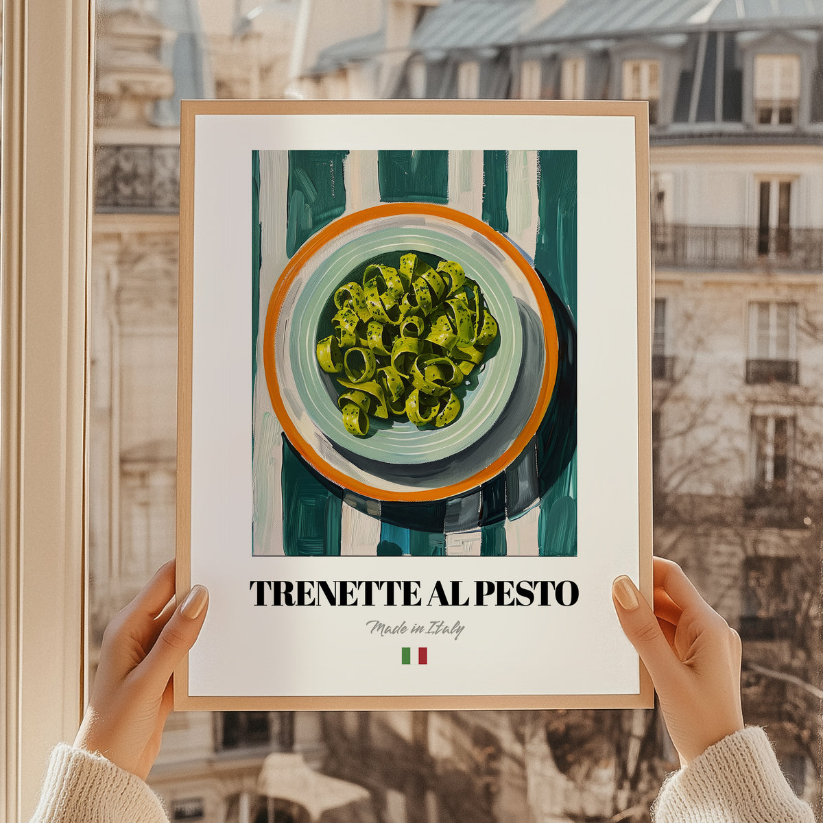 Trenette al Pesto – Italian Pasta, Osteria Poster, styled in a charming Paris street view