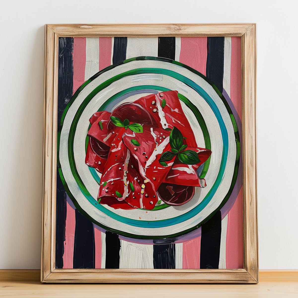 Carpaccio – Italian Meat Dish, Bistro Wall Art, no-text version framed in wood