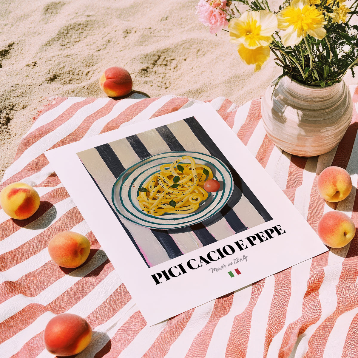 Pici Cacio e Pepe – Italian Pasta, Ristorante Wall Art, unframed on coastal sand