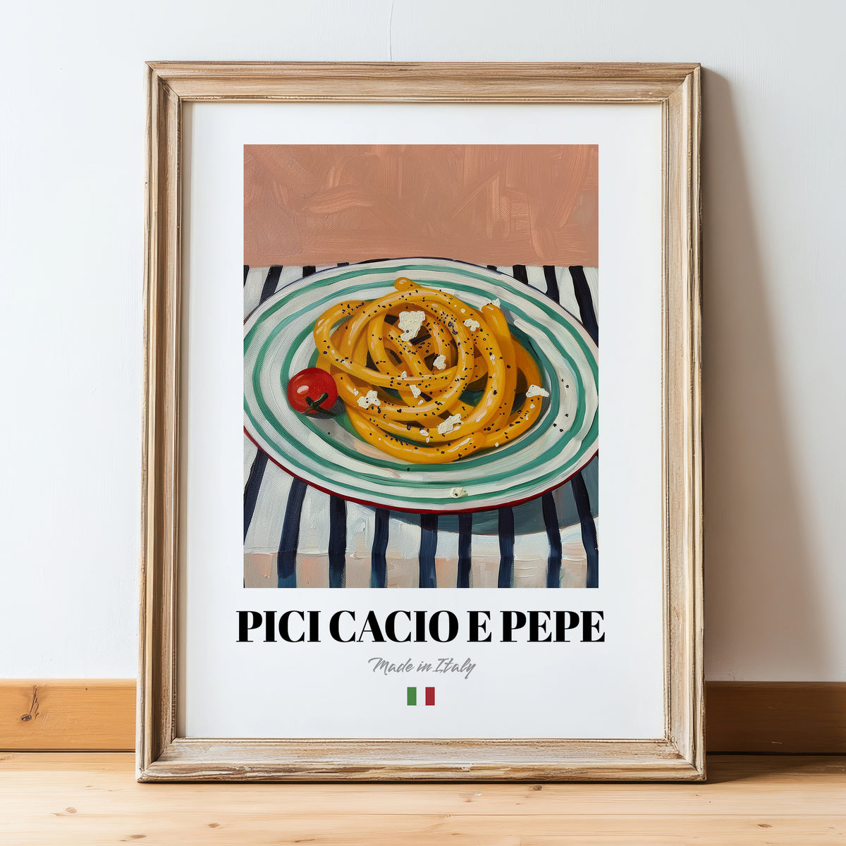 Pici Cacio e Pepe – Italian Pasta, Ristorante Poster, in wooden frame leaning on the floor