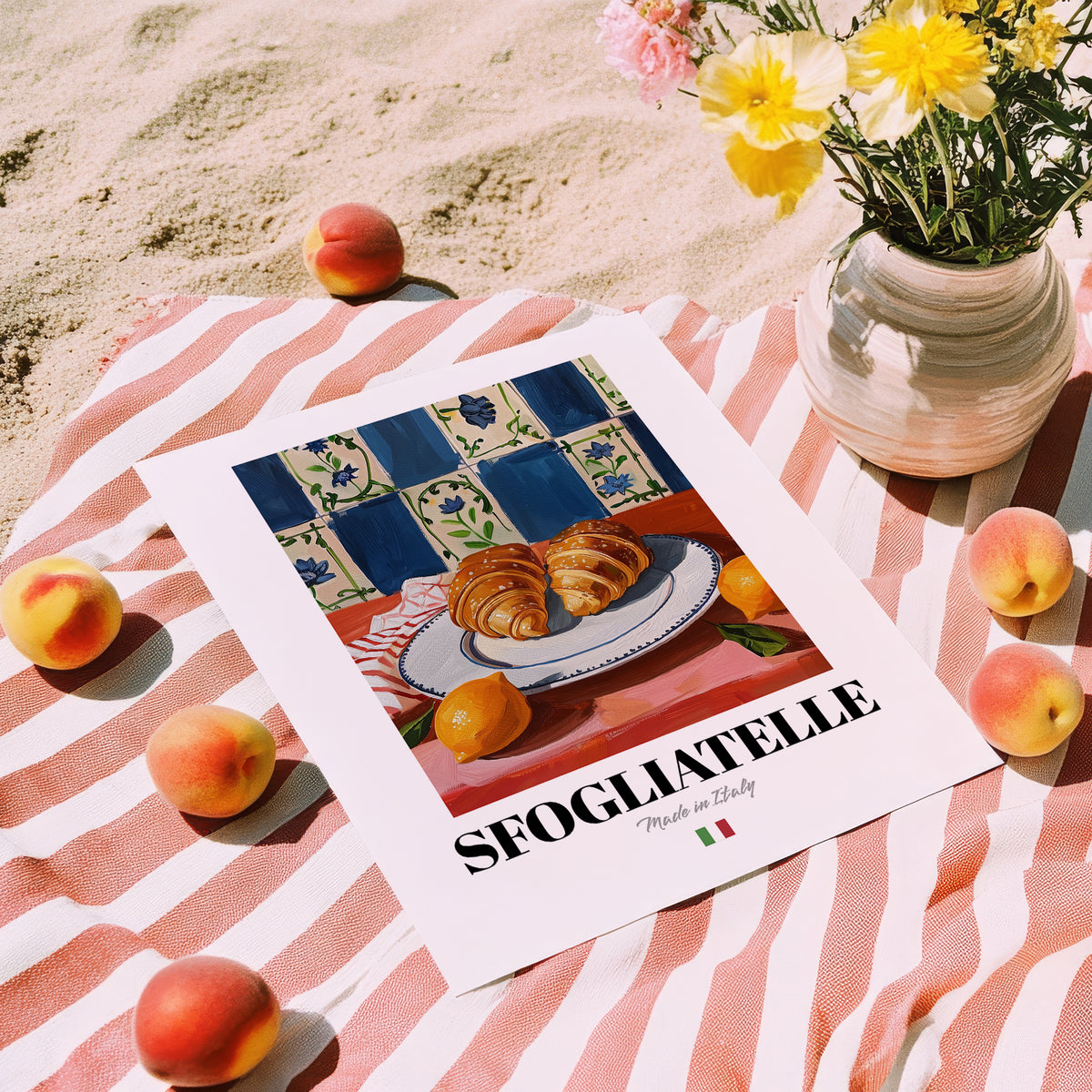 Sfogliatelle – Italian Pastry Dish, Brasserie Illustration, unframed on coastal sand