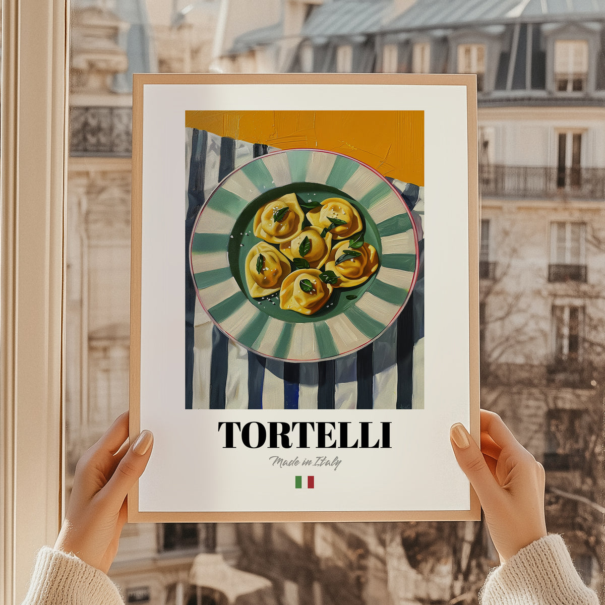 Tortelli – Italian Pasta, Trattoria Poster, styled in a charming Paris street view