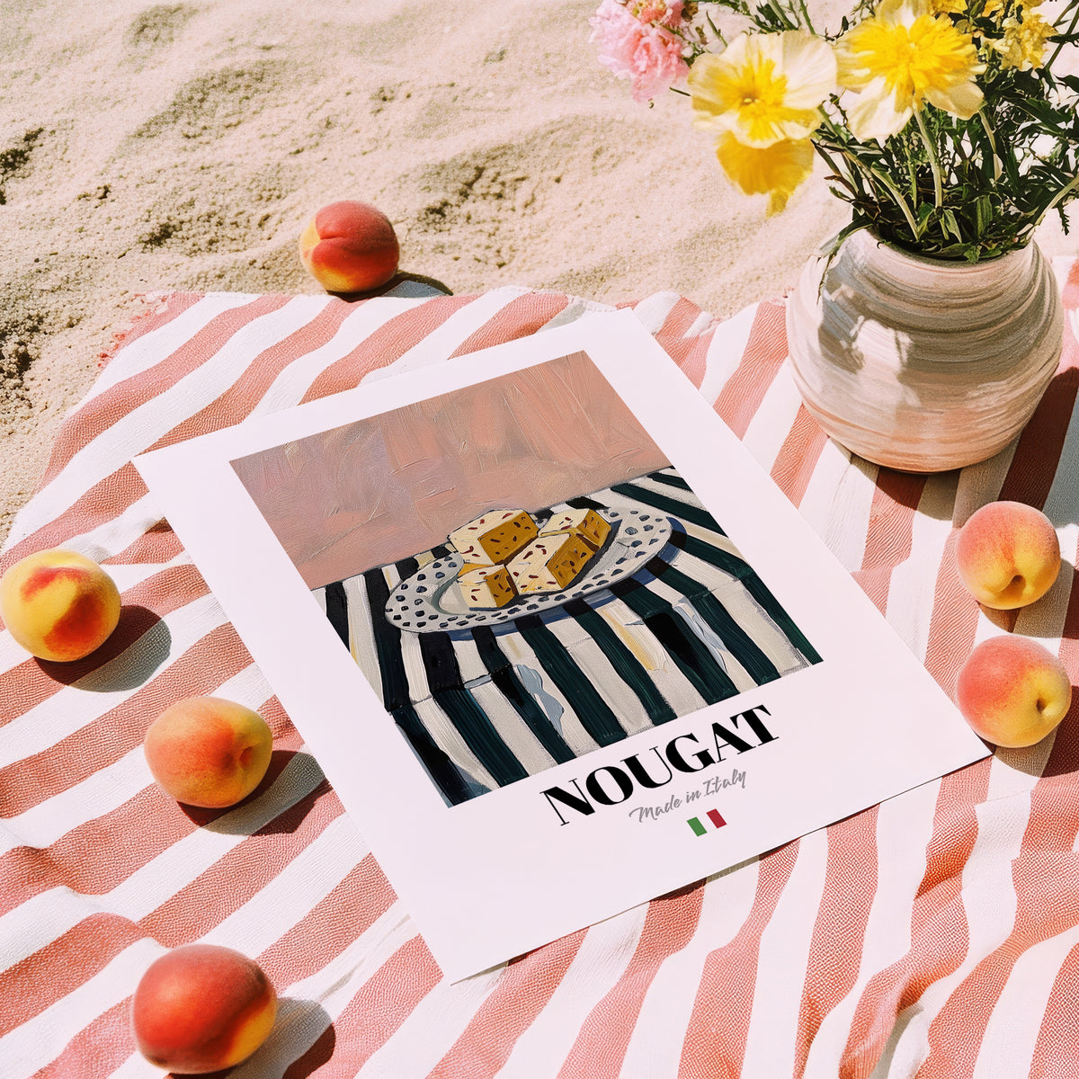 Nougat – Italian Dessert Dish, Café Still Life, unframed on coastal sand