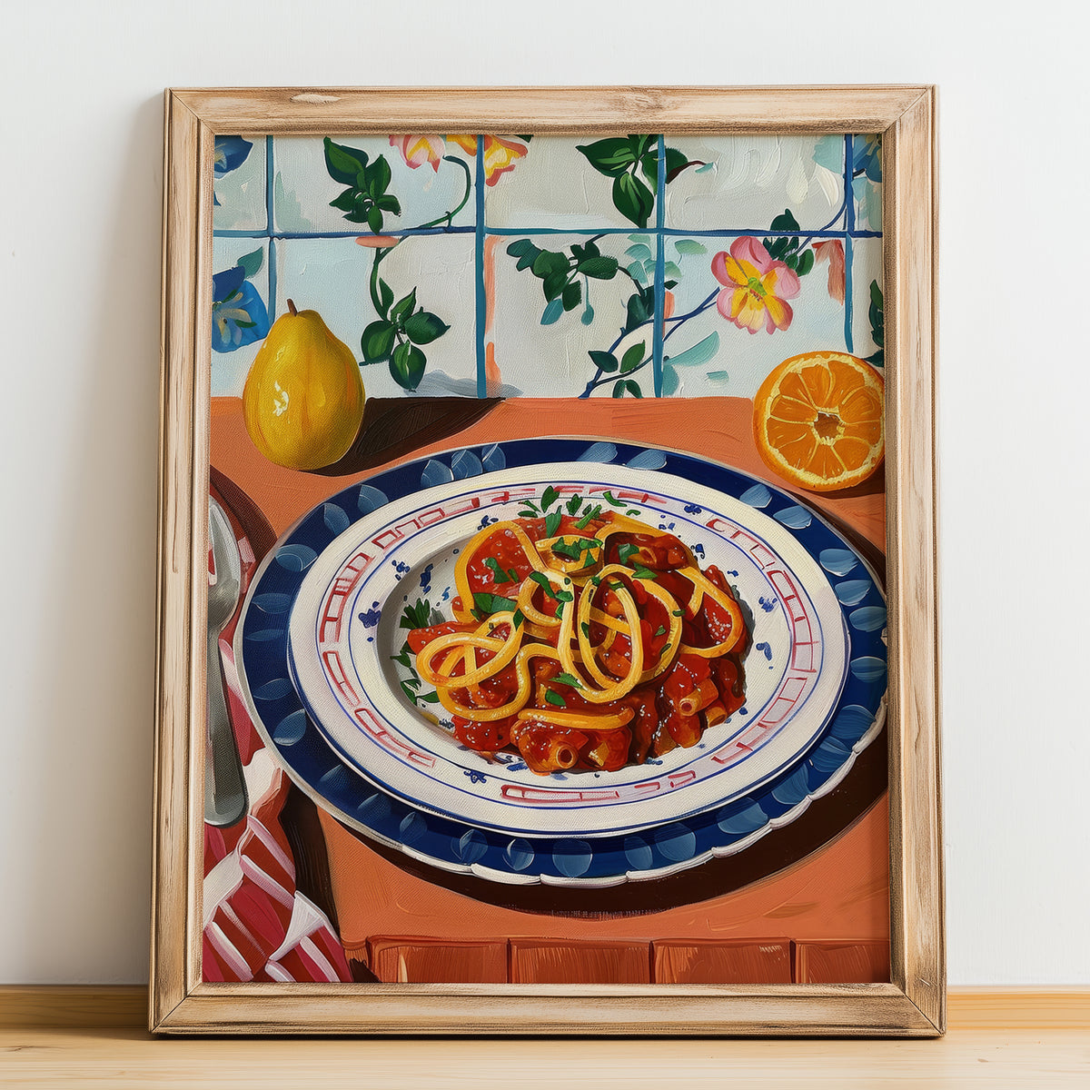 Amatriciana – Italian Pasta, Trattoria Still Life, no-text version framed in wood