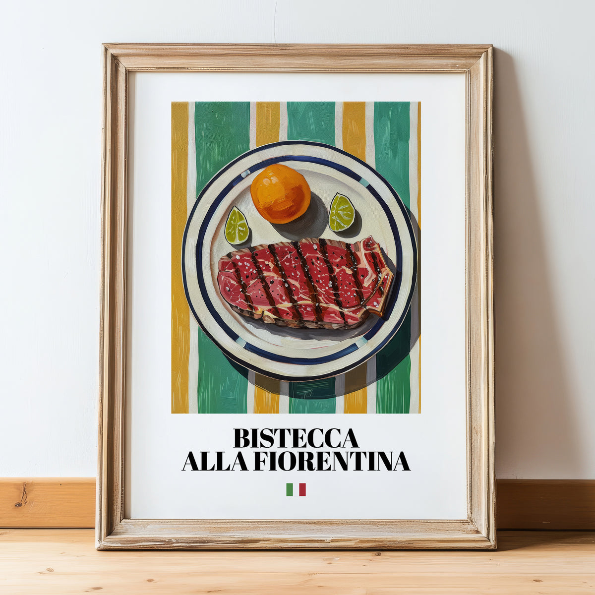 Bistecca alla Fiorentina – Italian Meat Dish, Tavern Poster, in wooden frame leaning on the floor