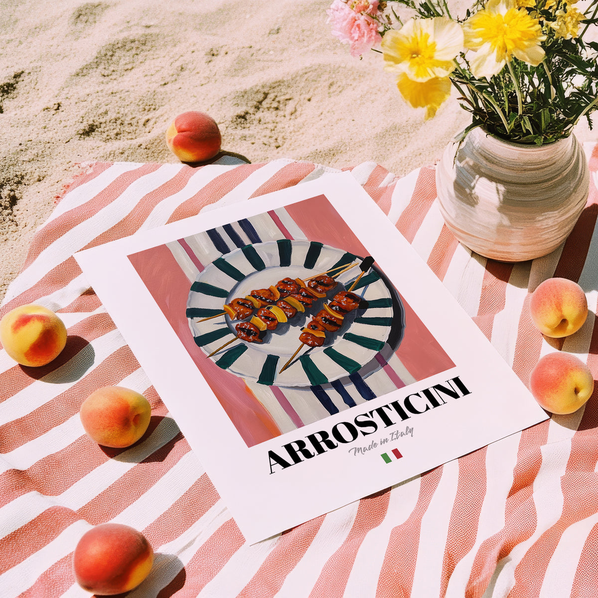 Arrosticini – Italian Meat Dish, Café Poster, unframed on coastal sand