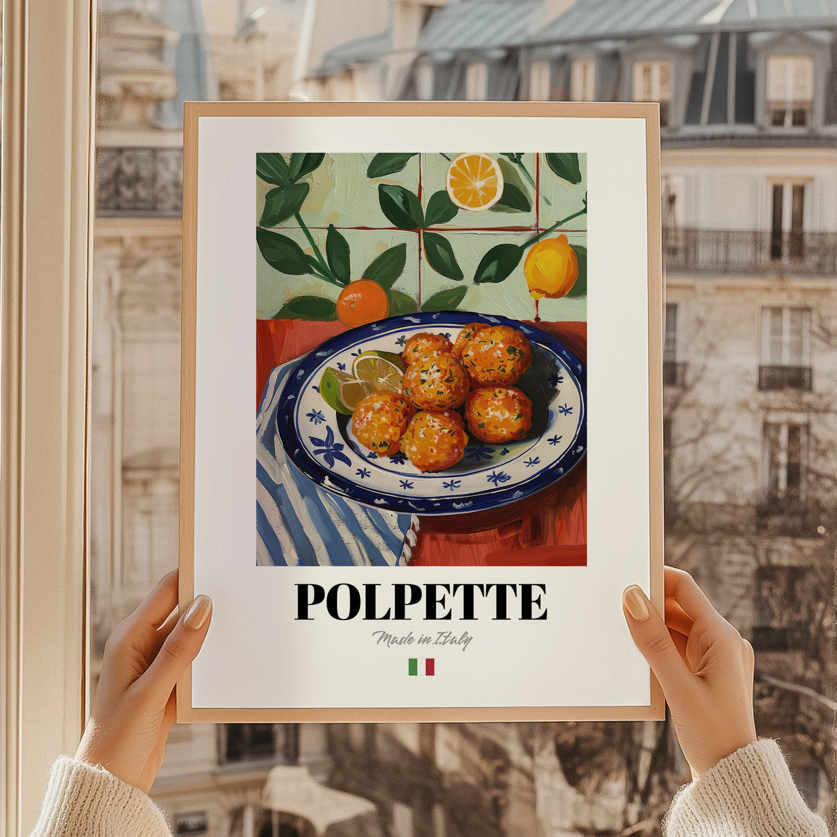 Polpette – Italian Snack Dish, Café Print, styled in a charming Paris street view