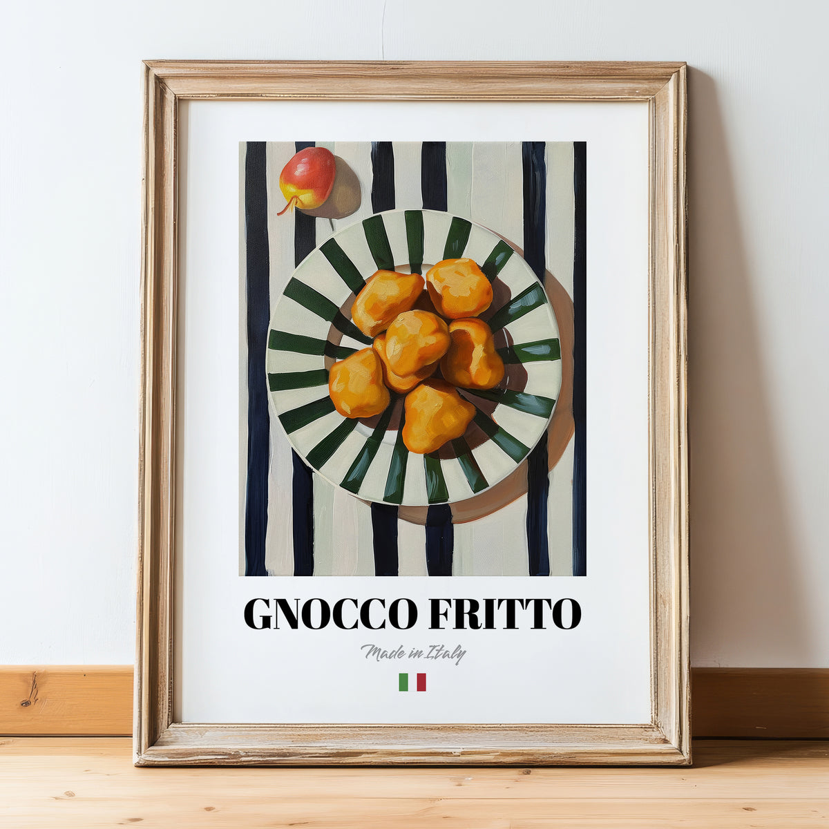 Gnocco fritto – Italian Snack Dish, Tavern Illustration, in wooden frame leaning on the floor