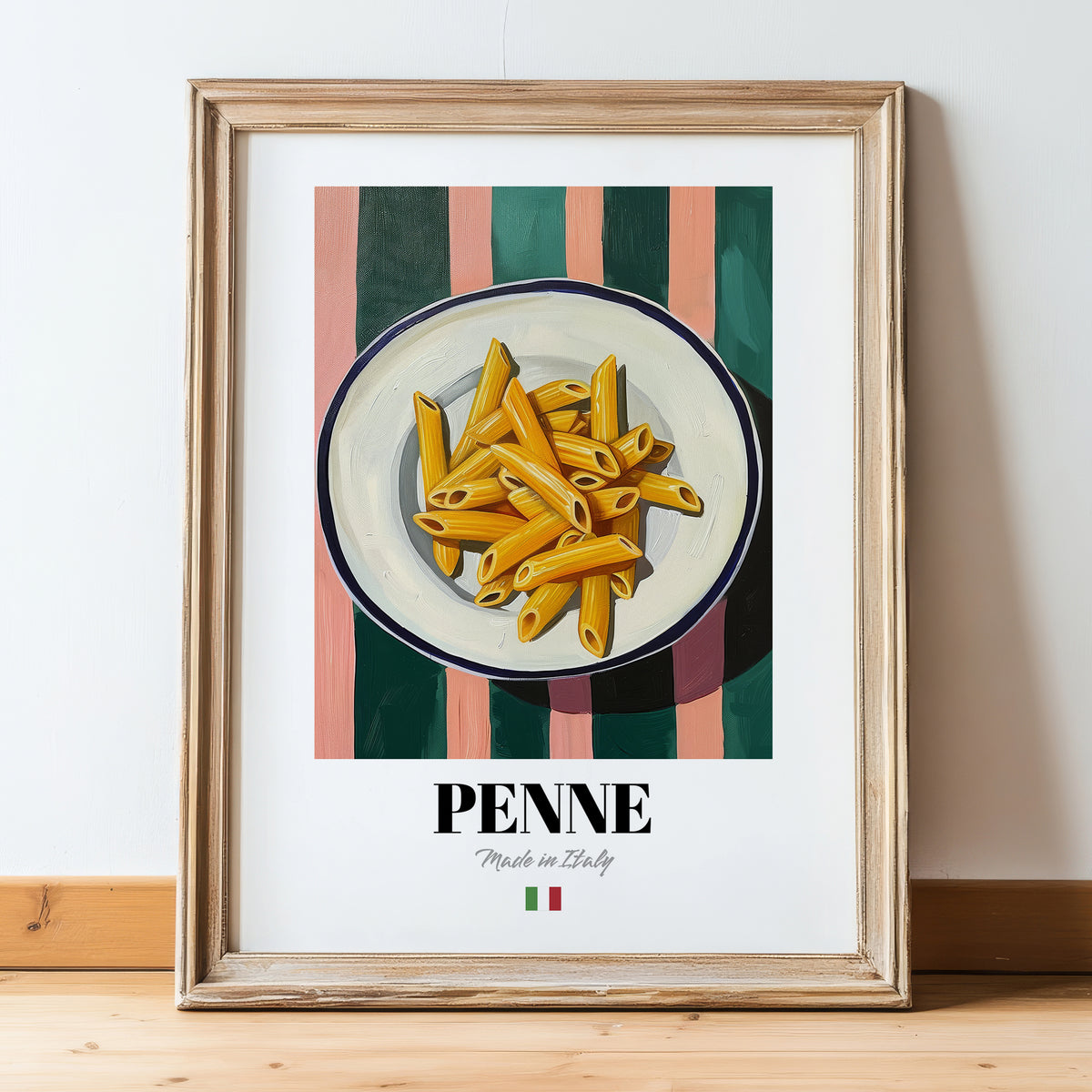Penne – Italian Pasta, Restaurant Poster, in wooden frame leaning on the floor