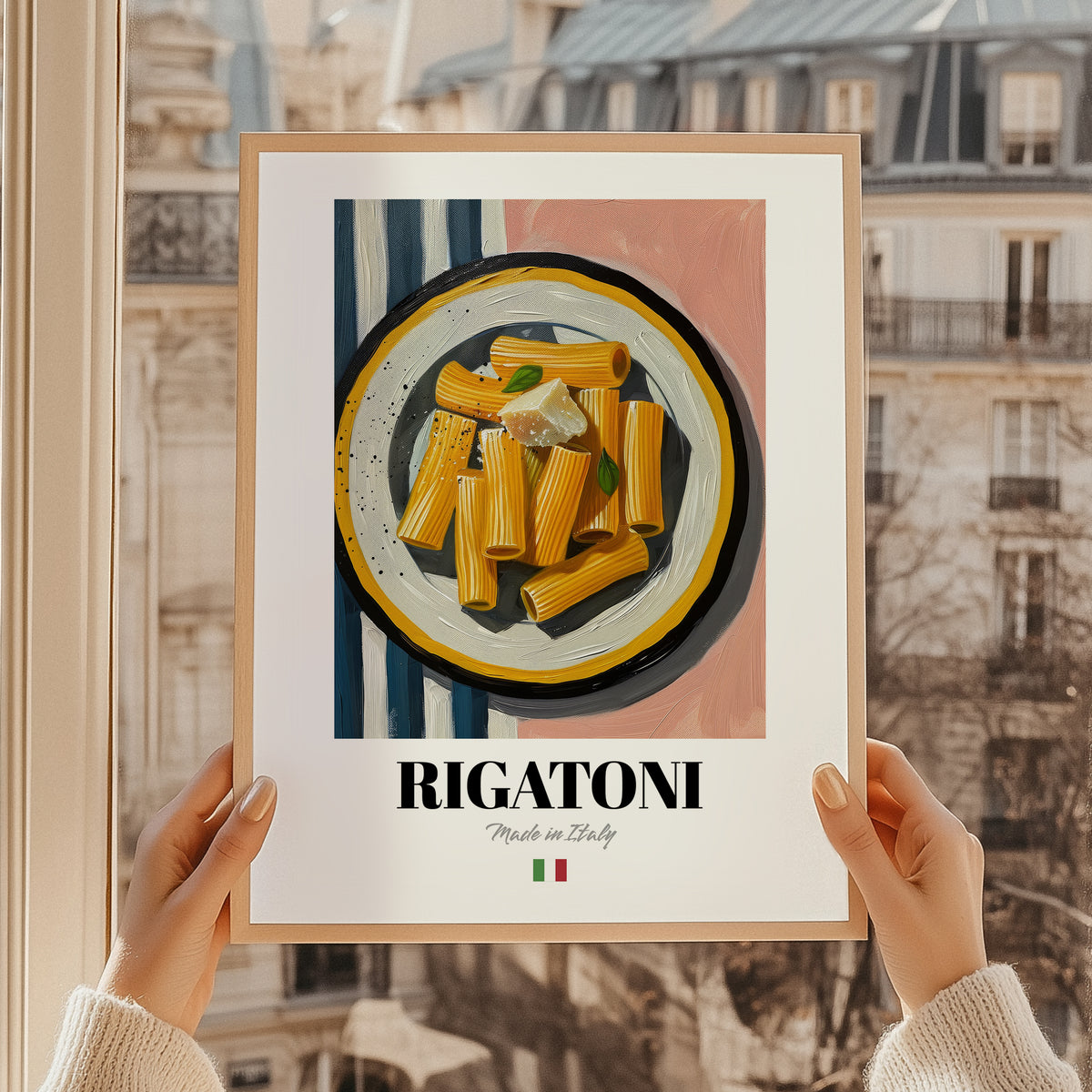 Rigatoni – Italian Pasta, Restaurant Poster, styled in a charming Paris street view