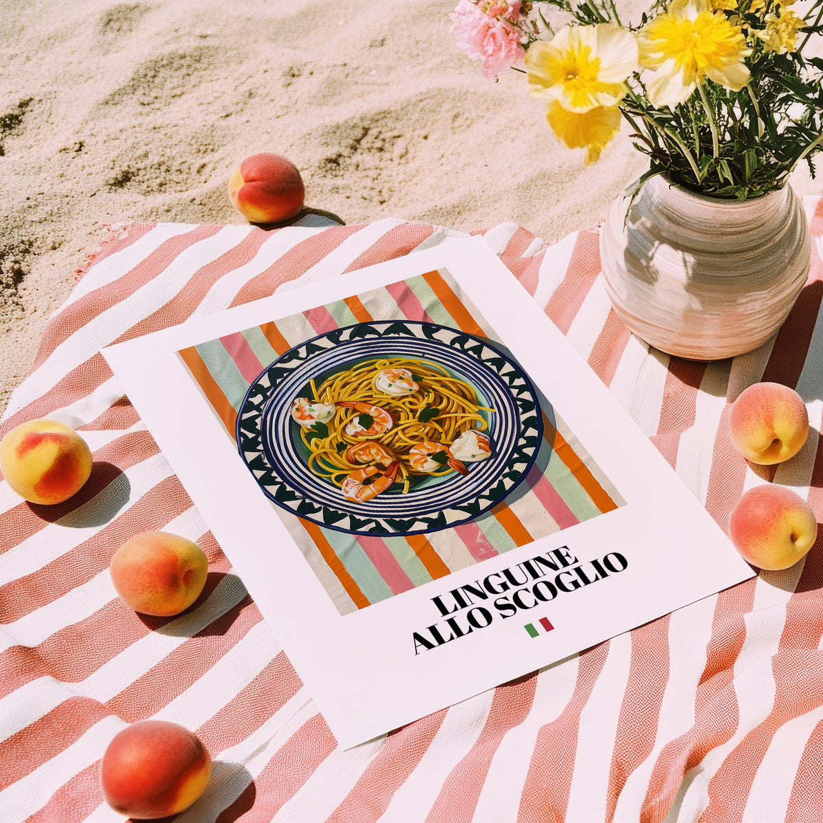 Linguine allo scoglio – Italian Pasta, Restaurant Wall Decor, unframed on coastal sand