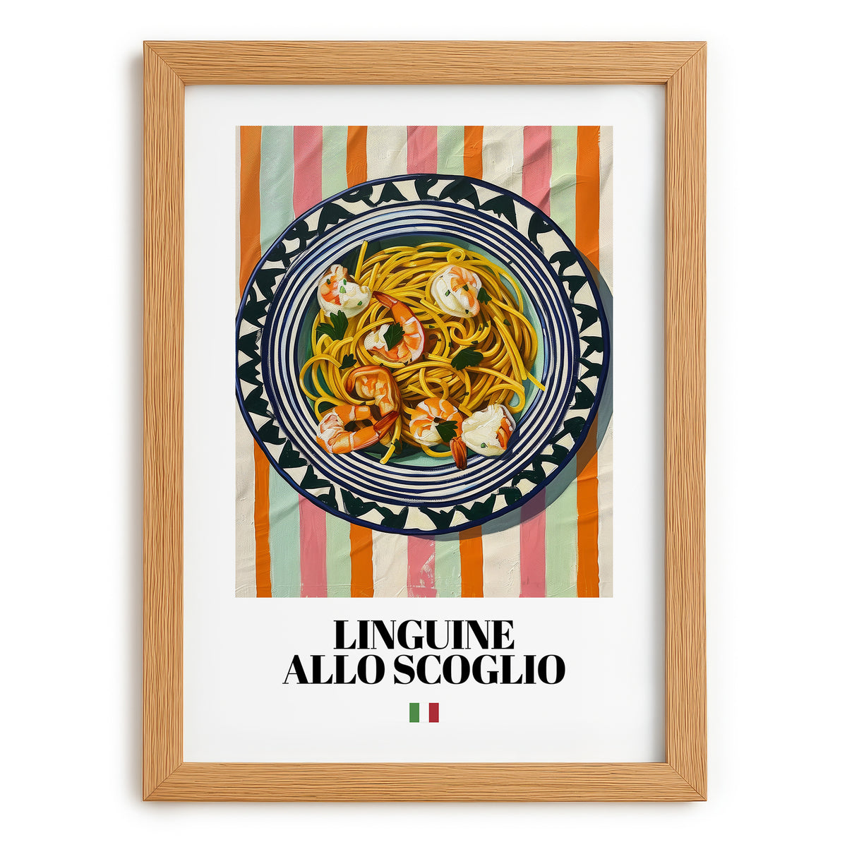 Linguine allo scoglio – Italian Pasta, Restaurant Wall Decor, set in oak frame