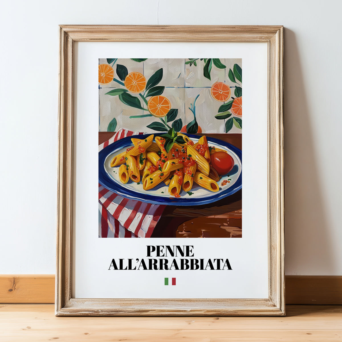 Penne all'arrabbiata – Italian Pasta, Trattoria Art, in wooden frame leaning on the floor