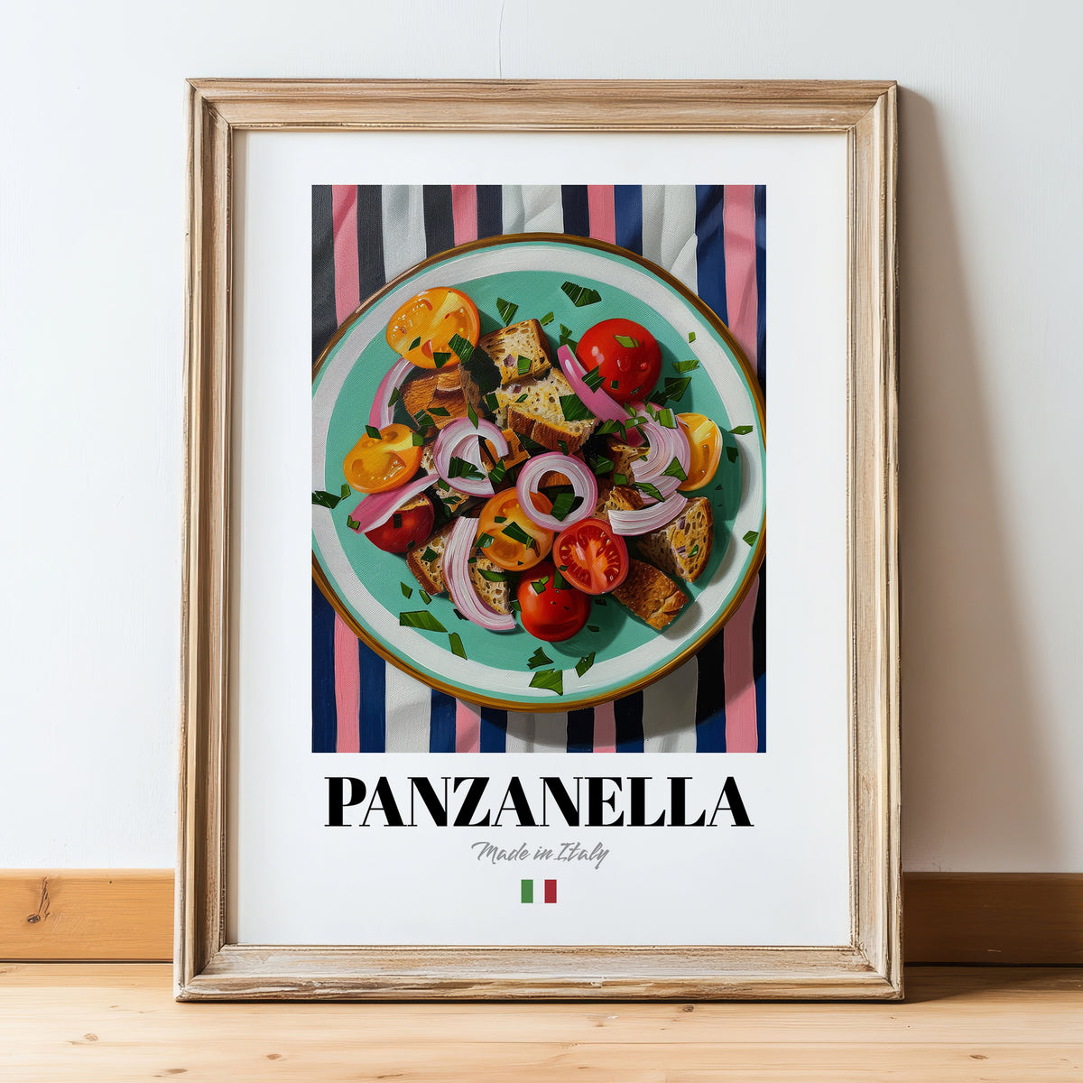 Panzanella – Italian Salad Dish, Tavern Wall Art, in wooden frame leaning on the floor