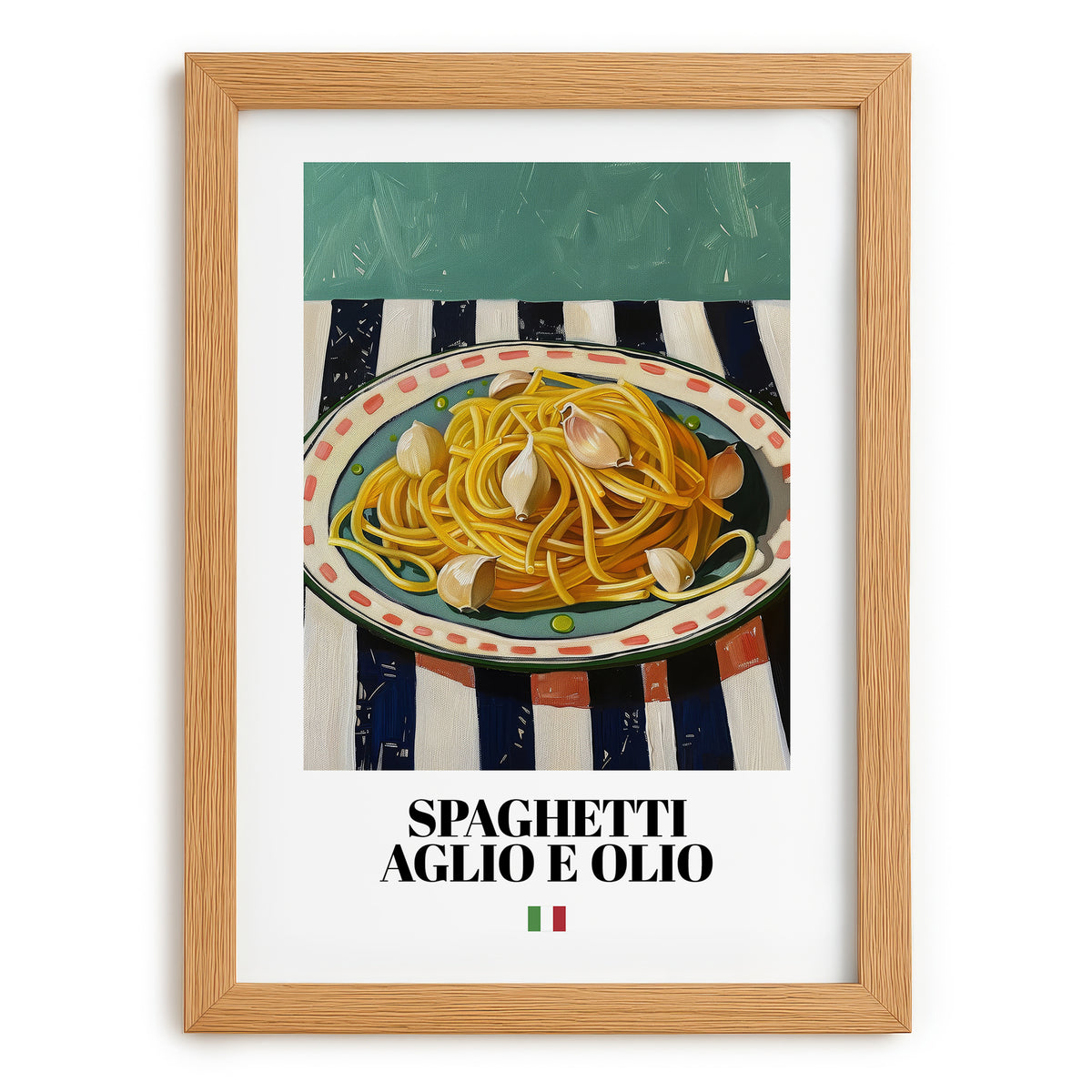 Spaghetti aglio e olio – Italian Pasta, Ristorante Print, set in oak frame