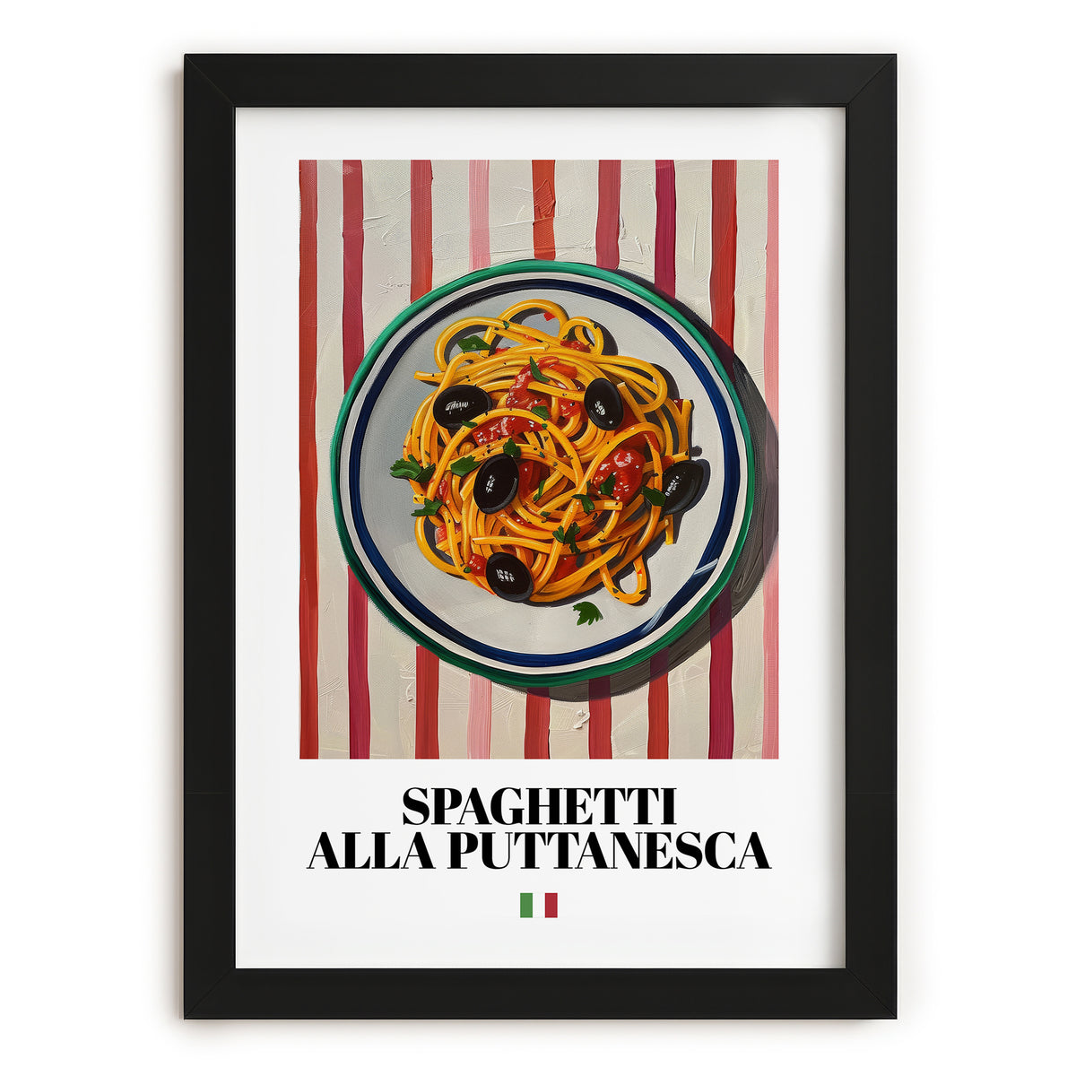 Spaghetti alla Puttanesca – Italian Pasta, Trattoria Poster, in sleek black frame