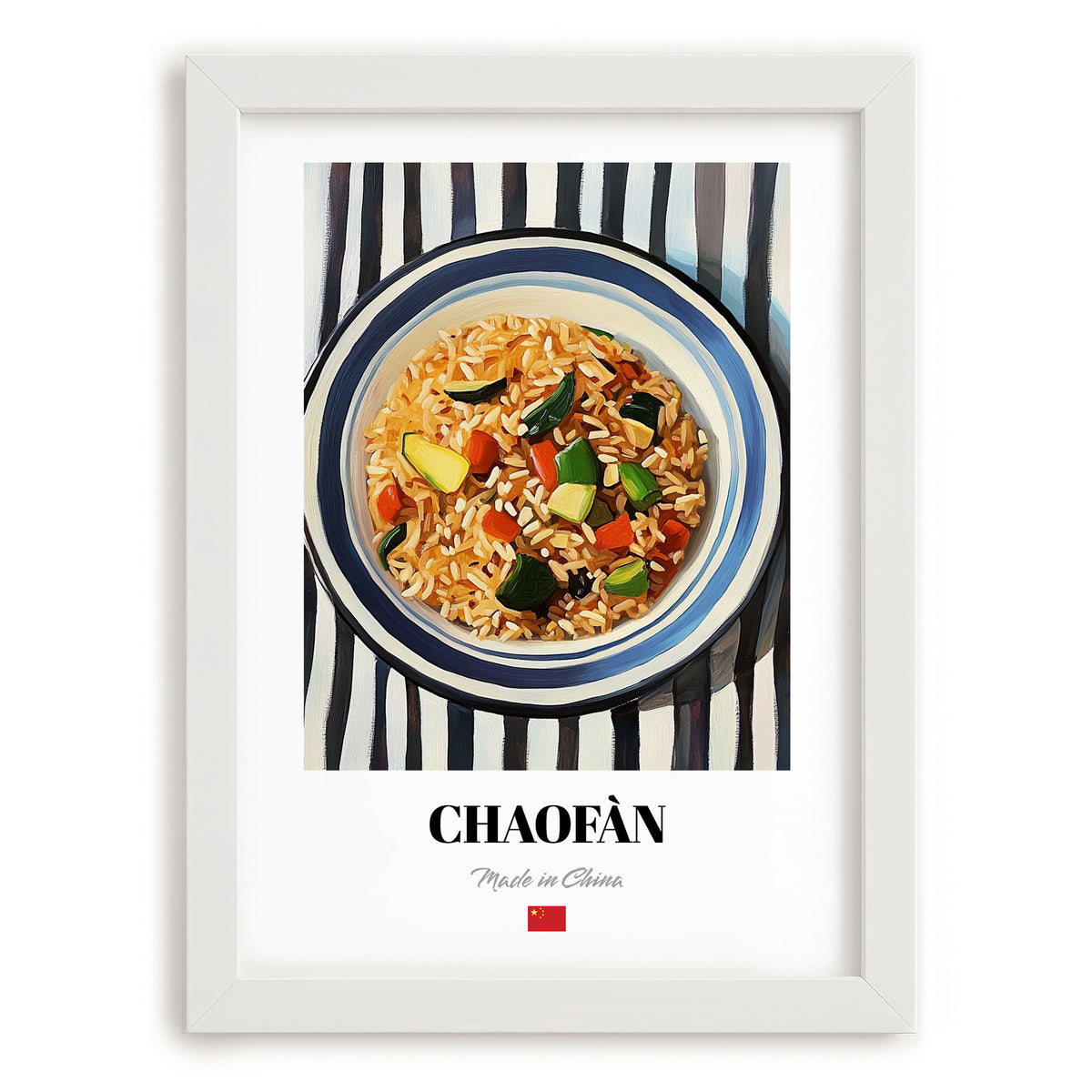 Chǎofàn (Fried Rice) – on Striped Tablecloth, Chinese Food Still Life, placed in minimal white frame