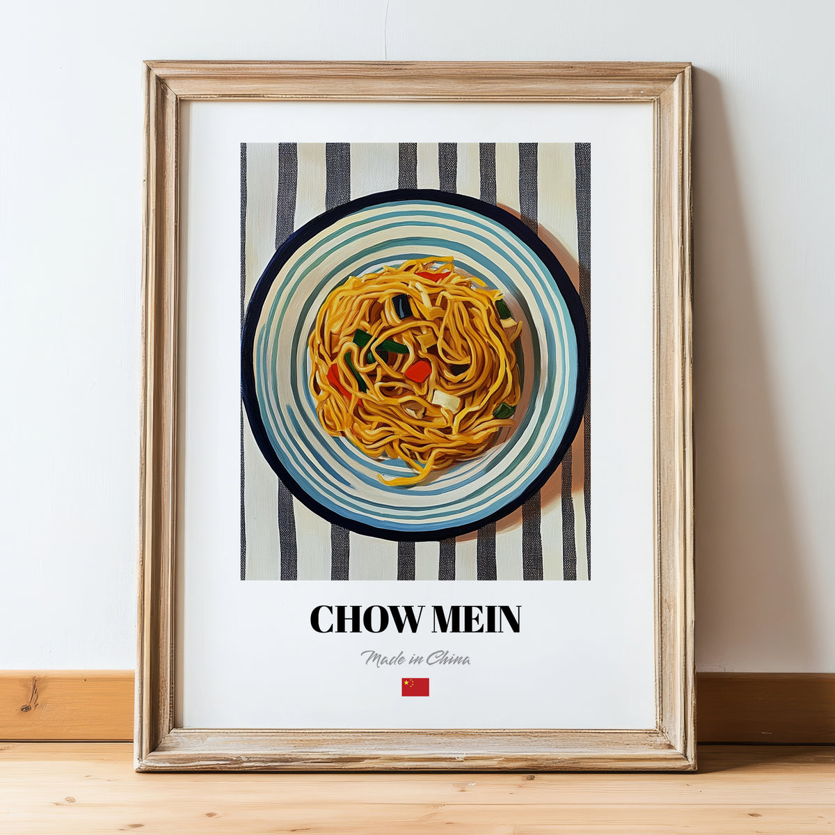 Chow Mein – on Striped Tablecloth, Chinese Food Still Life, in wooden frame leaning on the floor