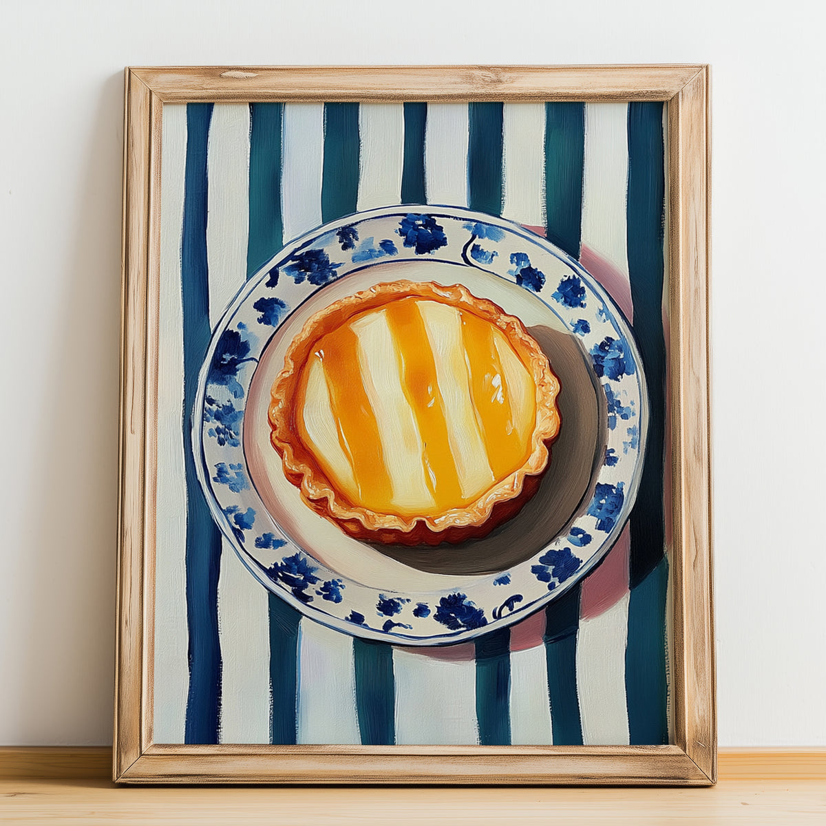 Dàn Tǎ (Egg Tart) – on Striped Tablecloth, Chinese Dessert Poster, no-text version framed in wood