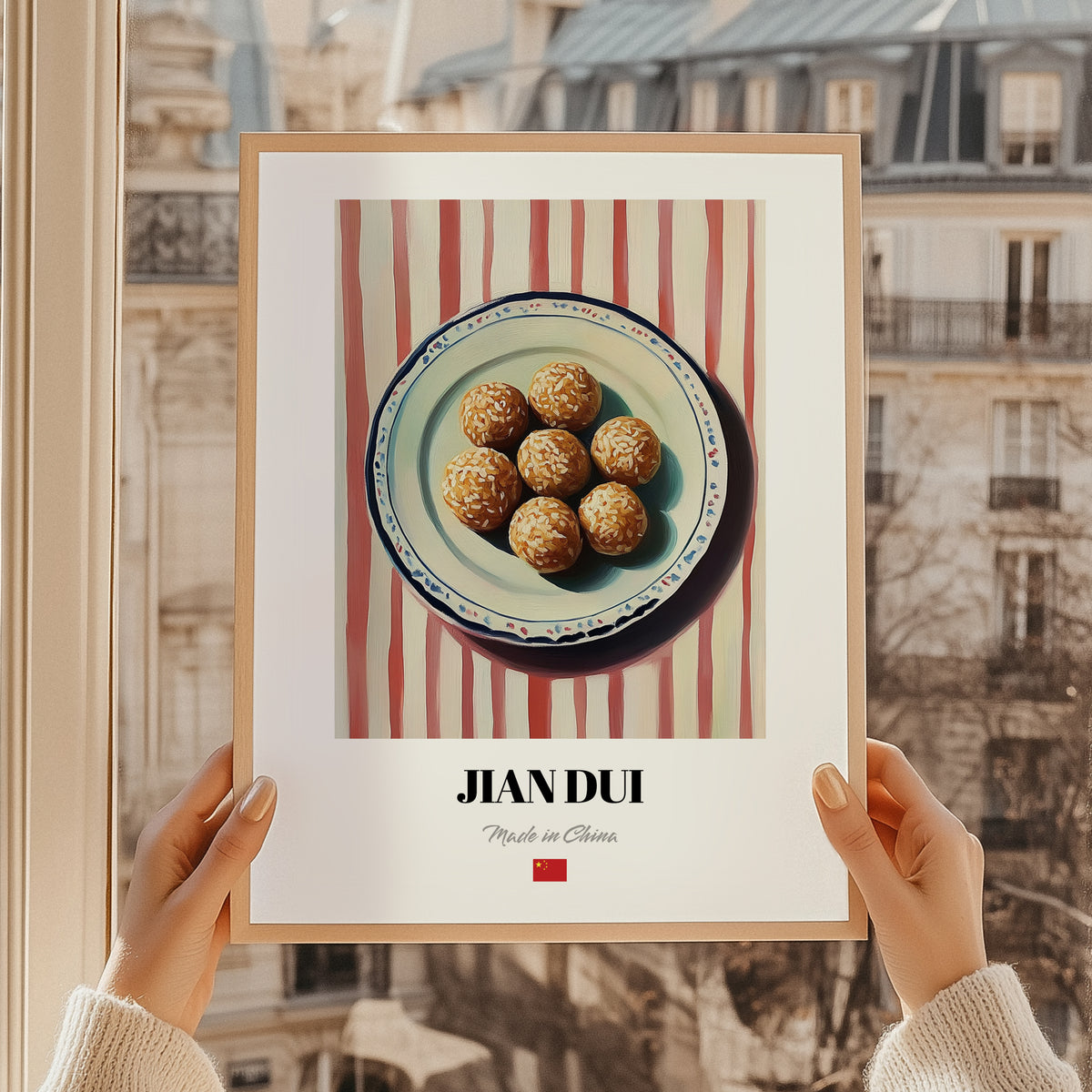 Jiān Dùi (Sesame Balls) – on Striped Tablecloth, Chinese Dessert Wall Decor, styled in a charming Paris street view