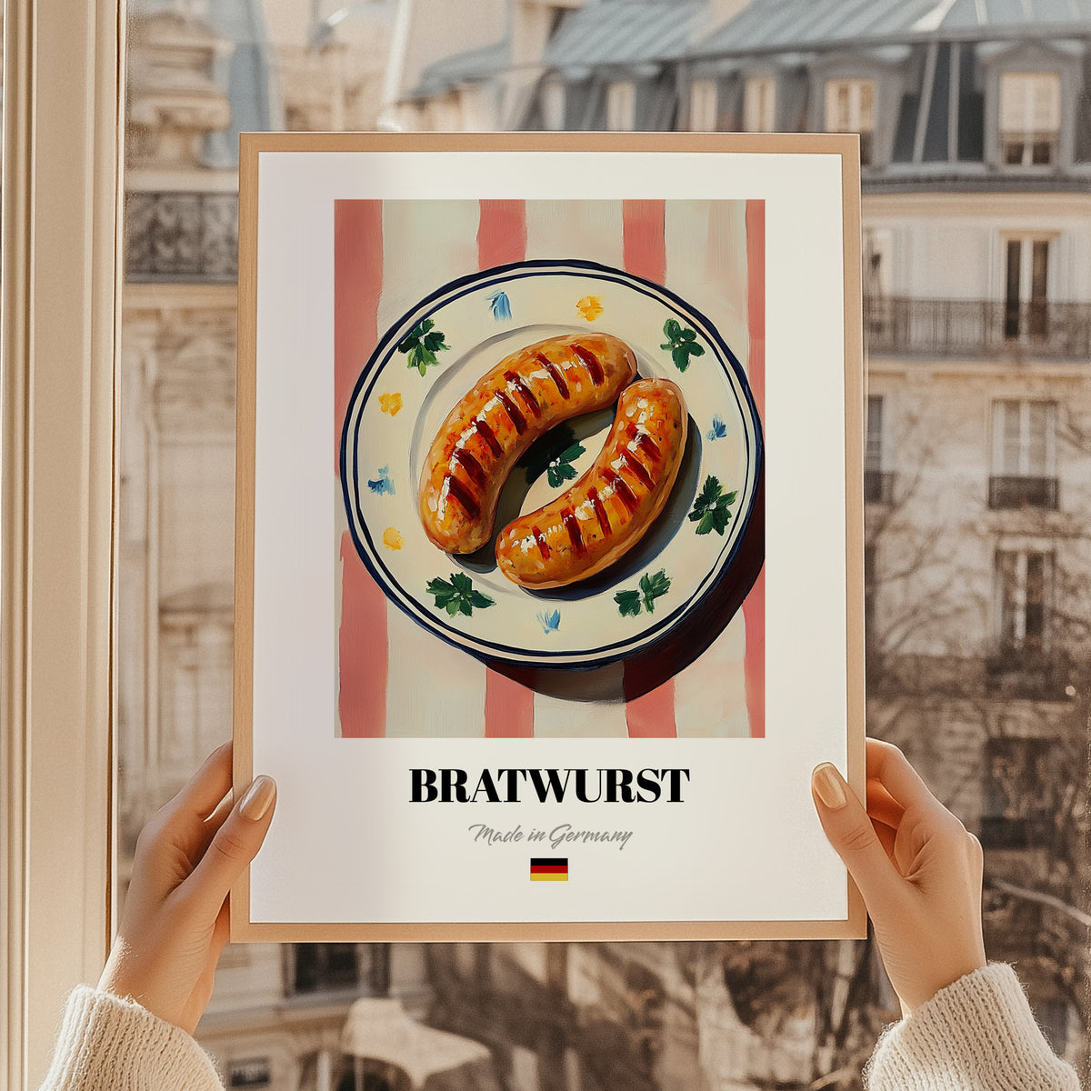 Bratwurst – on Striped Tablecloth, German Food Painting, styled in a charming Paris street view
